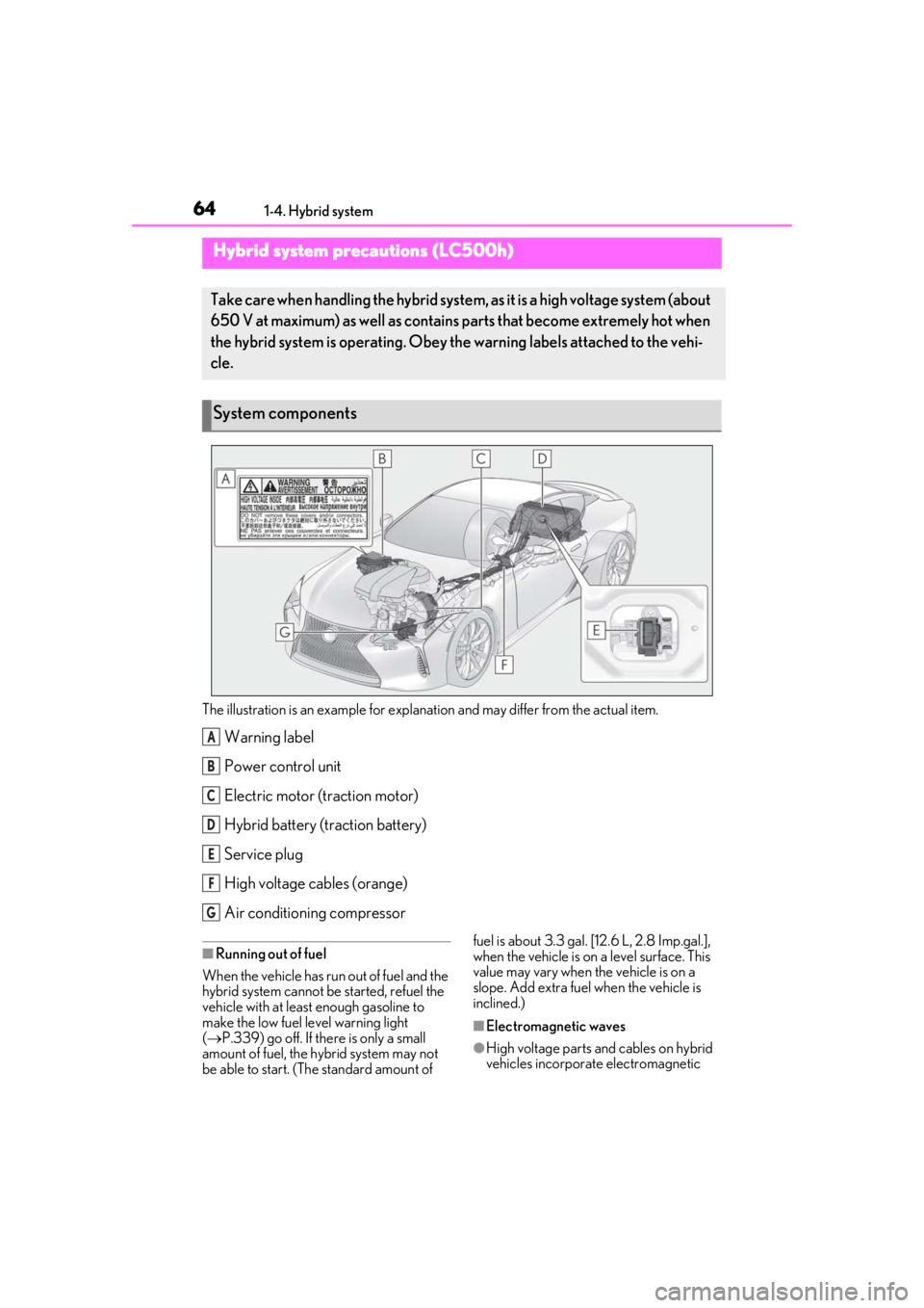 lexus LC500h 2019  Owners Manual / LEXUS 2019 LC 500,LC 500H OWNERS MANUAL (OM11471U) 641-4. Hybrid system
The illustration is an example for explanation and may differ from the actual item.
Warning label
Power control unit
Electric motor (traction motor)
Hybrid battery (traction batte