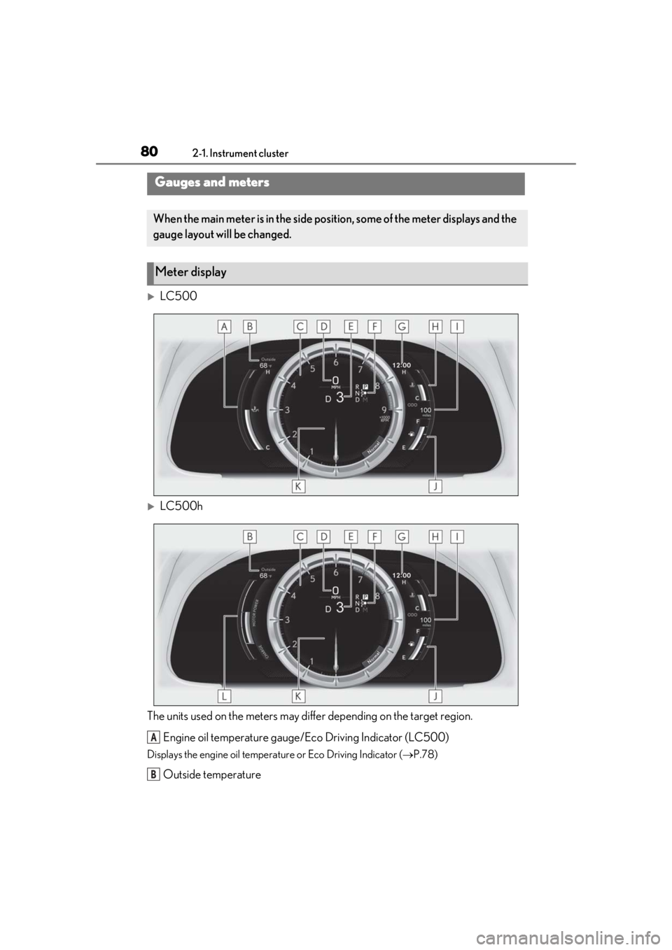 lexus LC500h 2019  Owners Manual / LEXUS 2019 LC 500,LC 500H OWNERS MANUAL (OM11471U) 802-1. Instrument cluster
LC500
LC500h
The units used on the meters may diff er depending on the target region.
Engine oil temperature gauge/Eco Driving Indicator (LC500)
Displays the engine oil