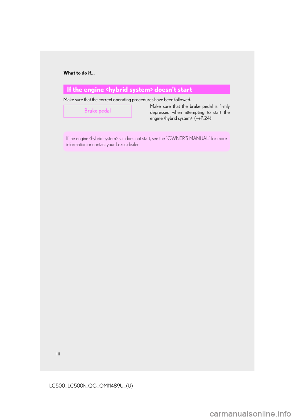 lexus LC500h 2019  Owners Manual / LEXUS 2019 LC 500,LC 500H OWNERS MANUAL QUICK GUIDE (OM11489U) What to do if...
111
LC500_LC500h_QG_OM11489U_(U)
Make sure that the correct operating procedures have been followed.Make sure that the brake pedal is firmly
depressed when attempting to start the
eng