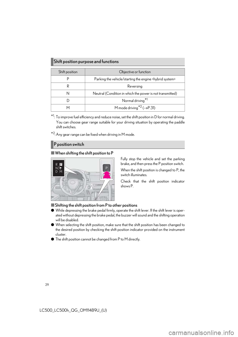 lexus LC500h 2019 Owners Manual / LEXUS 2019 LC 500,LC 500H OWNERS MANUAL QUICK GUIDE (OM11489U) 29
LC500_LC500h_QG_OM11489U_(U)
*1: To improve fuel efficiency and reduce noise, set the shift position in D for normal driving.You can choose gear range suitable for your driving situation by operat lexus LC500h 2019 Owners Manual / LEXUS 2019 LC 500,LC 500H OWNERS MANUAL QUICK GUIDE (OM11489U) 29
LC500_LC500h_QG_OM11489U_(U)
*1: To improve fuel efficiency and reduce noise, set the shift position in D for normal driving.You can choose gear range suitable for your driving situation by operat