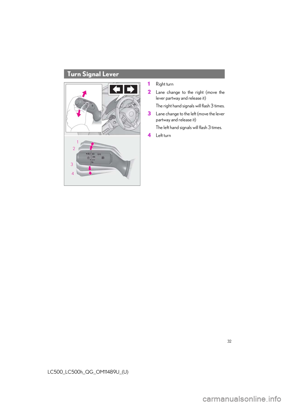 lexus LC500h 2019  Owners Manual / LEXUS 2019 LC 500,LC 500H OWNERS MANUAL QUICK GUIDE (OM11489U) 32
LC500_LC500h_QG_OM11489U_(U)
1Right turn
2Lane change to the right (move the
lever partway and release it)
The right hand signals will flash 3 times.
3Lane change to the left (move the lever
partwa