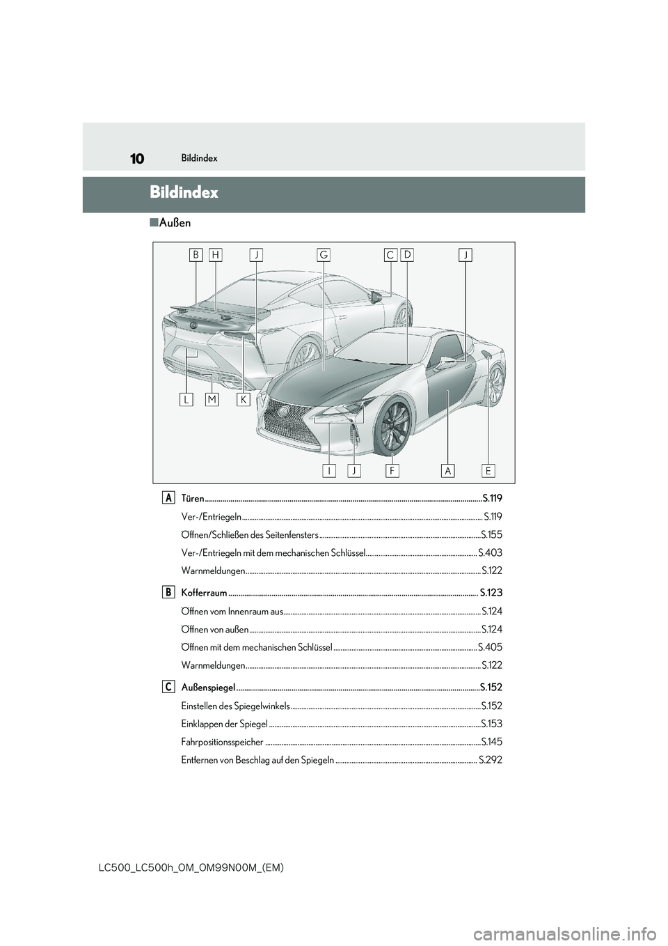 lexus LC500h 2018  Betriebsanleitung (in German) 10
�-�$����@�-�$����I�@�0�.�@�0�.���/���.�@�	�&�.�

Bildindex
Bildindex
■Außen
Türen .....................................................................................................