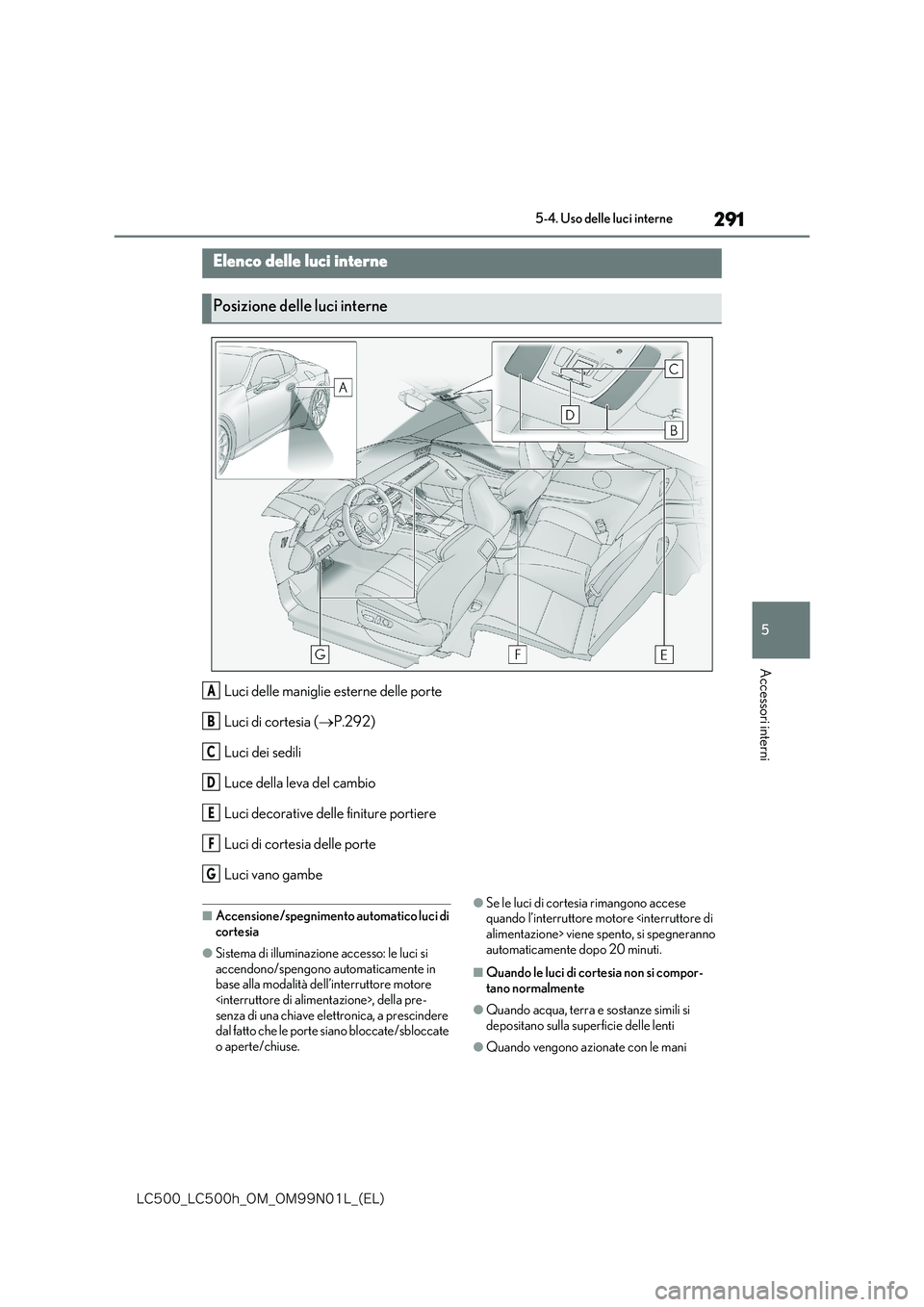 lexus LC500h 2018  Manuale del proprietario (in Italian) 291
5
�-�$����@�-�$����I�@�0�.�@�0�.���/���-�@�	�&�-�

5-4. Uso delle luci interne
Accessori interni
5 -4. Us o de ll e l uc i  in tern e
Luci delle maniglie esterne delle porte 
Luci di cor