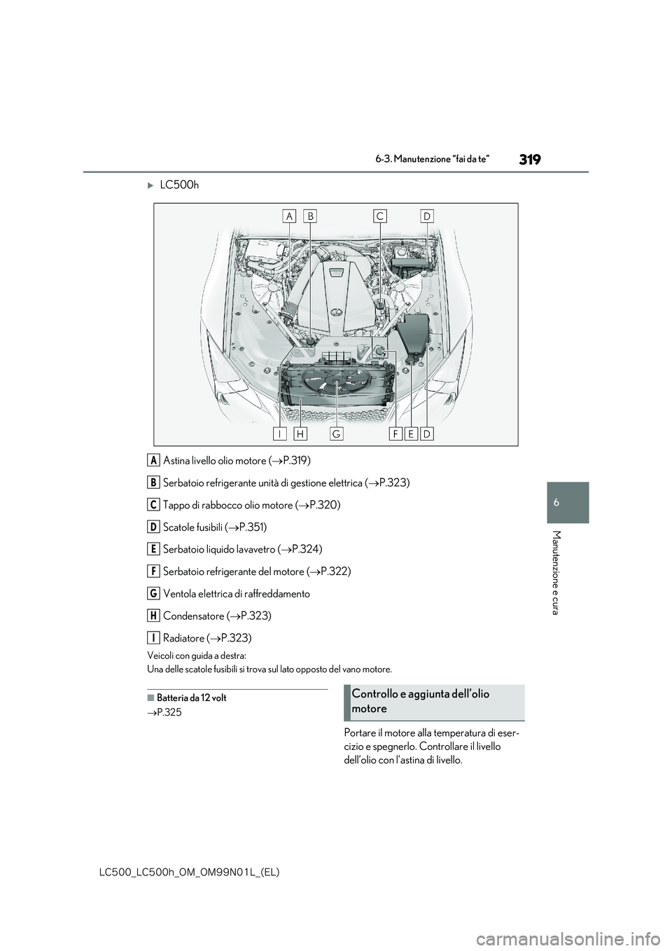 lexus LC500h 2018  Manuale del proprietario (in Italian) 319
6
�-�$����@�-�$����I�@�0�.�@�0�.���/���-�@�	�&�-�

6-3. Manutenzione “fai da te”
Manutenzione e cura
LC500h 
Astina livello olio motore ( P.319) 
Serbatoio refrigerante unità 