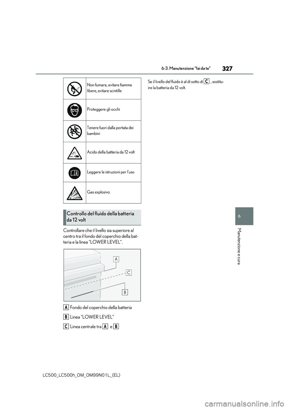 lexus LC500h 2018  Manuale del proprietario (in Italian) 327
6
�-�$����@�-�$����I�@�0�.�@�0�.���/���-�@�	�&�-�

6-3. Manutenzione “fai da te”
Manutenzione e curaControllare che il livello sia superiore al  
centro tra il fondo del coperchio de