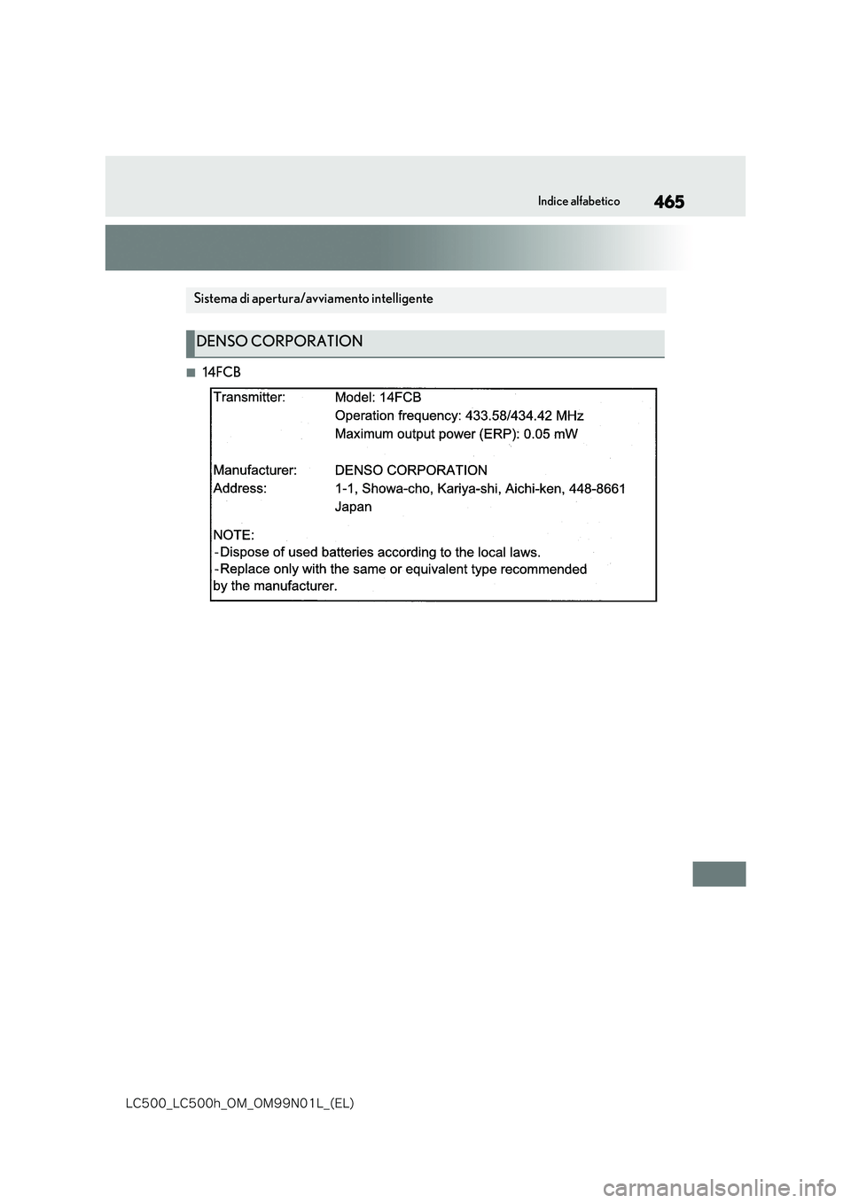 lexus LC500h 2018  Manuale del proprietario (in Italian) 465
�-�$����@�-�$����I�@�0�.�@�0�.���/���-�@�	�&�-�

Indice alfabetico
■14FCB
Sistema di apertura/avviamento intelligente
DENSO CORPORATION 