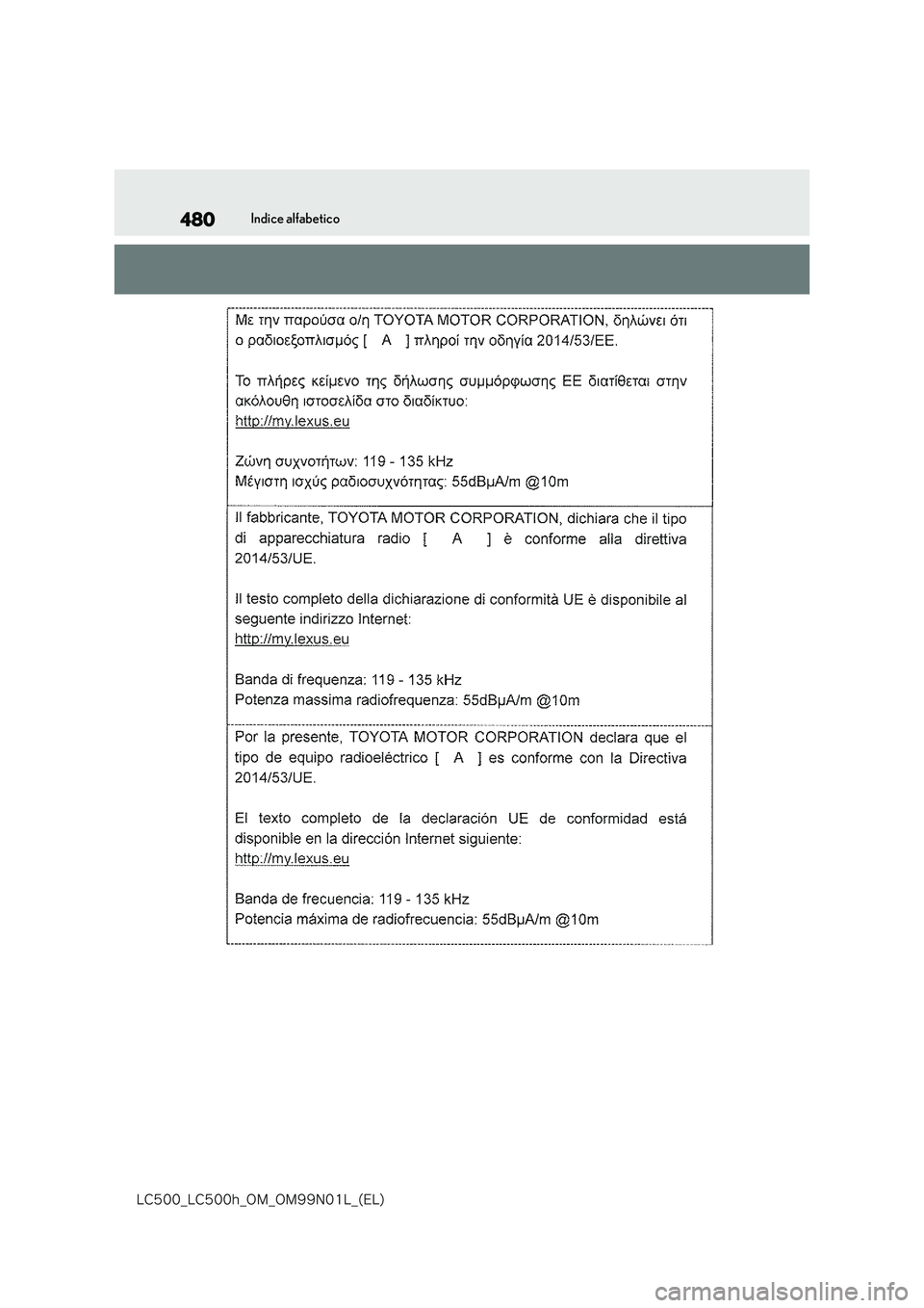lexus LC500h 2018  Manuale del proprietario (in Italian) 480
�-�$����@�-�$����I�@�0�.�@�0�.���/���-�@�	�&�-�

Indice alfabetico 