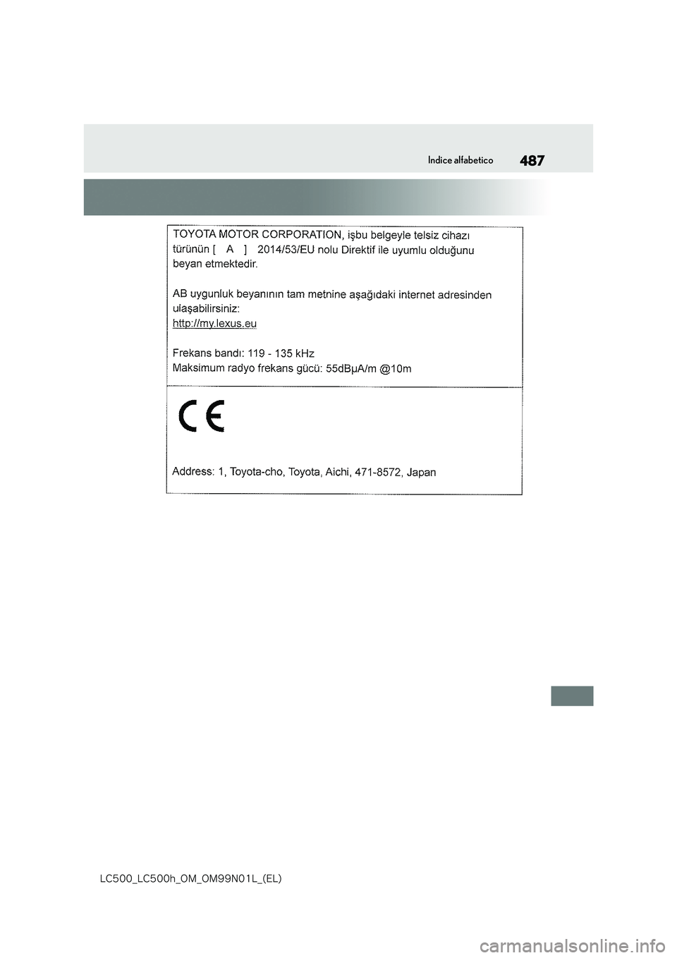 lexus LC500h 2018  Manuale del proprietario (in Italian) 487
�-�$����@�-�$����I�@�0�.�@�0�.���/���-�@�	�&�-�

Indice alfabetico 