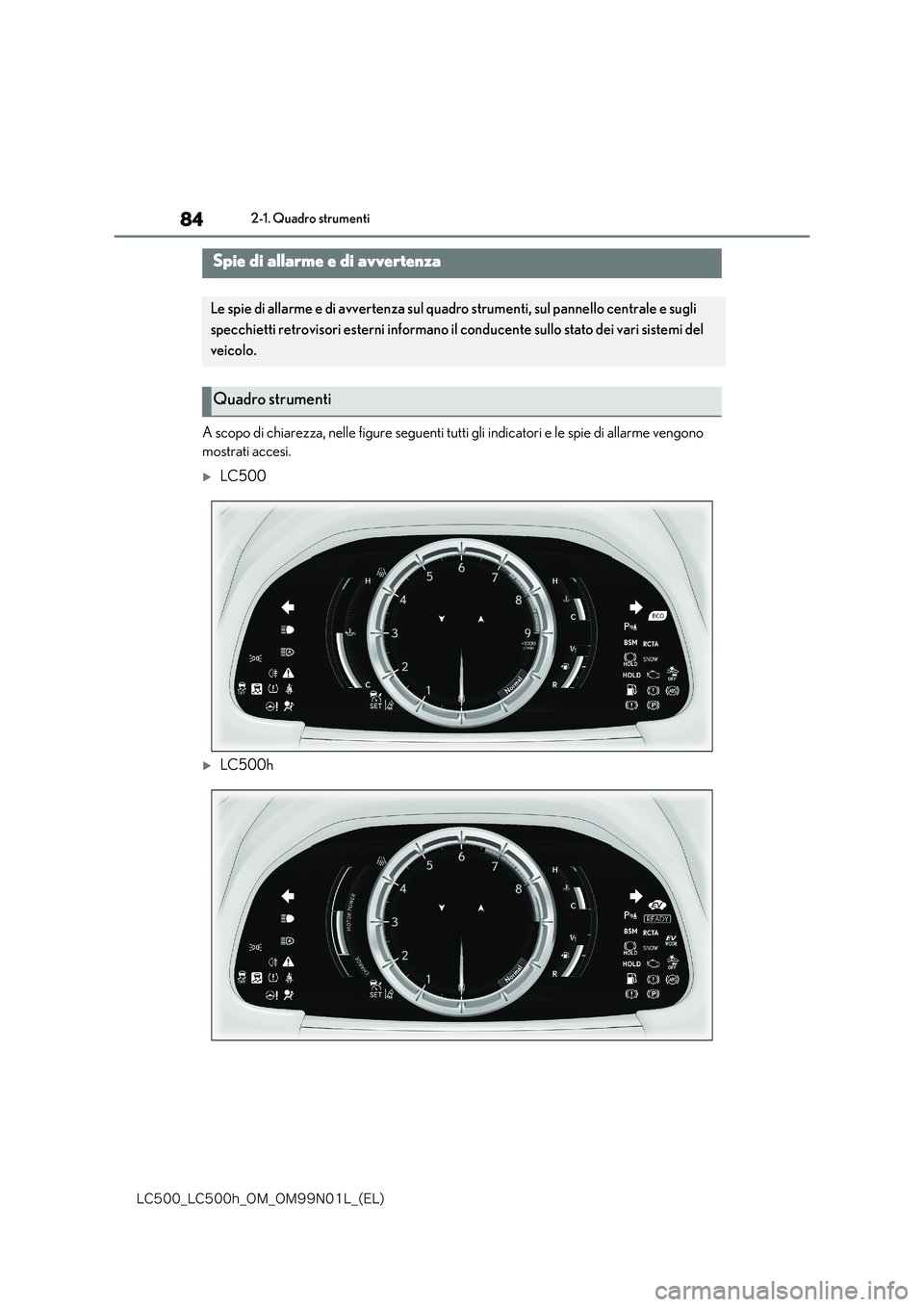 lexus LC500h 2018  Manuale del proprietario (in Italian) 84
�-�$����@�-�$����I�@�0�.�@�0�.���/���-�@�	�&�-�

2-1. Quadro strumenti
2-1.Quadro strumenti
A scopo di chiarezza, nelle figure seguenti tutti gli indicatori e le spie di allarme vengono  