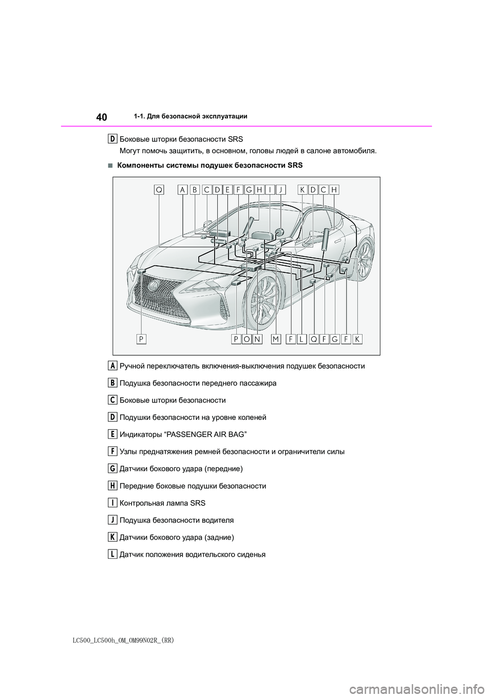 lexus LC500h 2018  Инструкция по эксплуатации (in Russian) 40
LC500_LC500h_OM_OM99N02R_(RR)
1-1. Для безопасной эксплуатации
Боковые шторки безопасности SRS 
Могут  помочь защитить, в ос