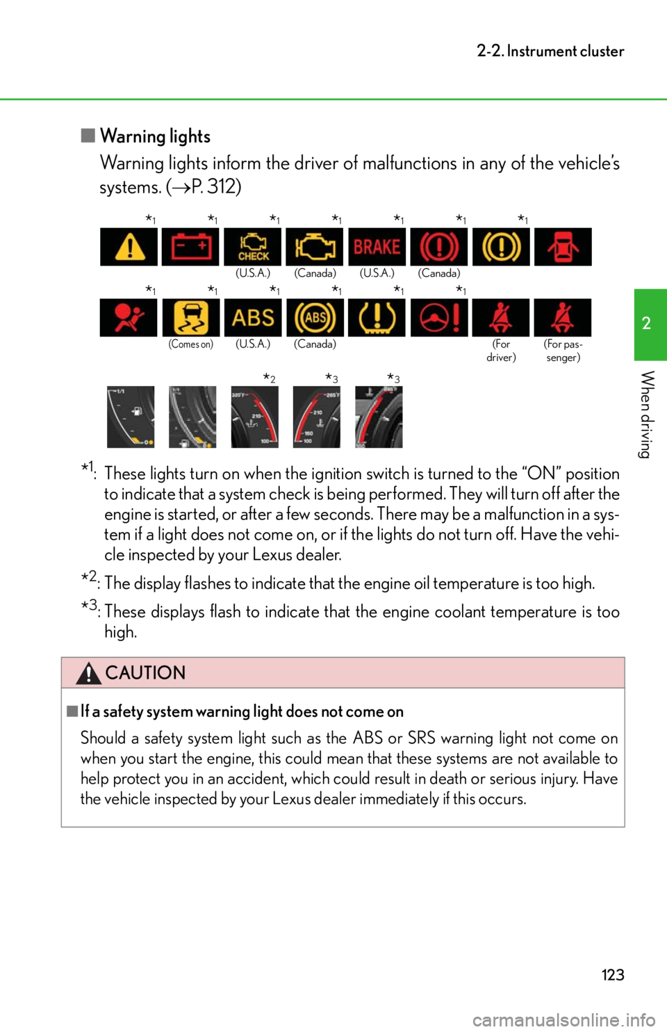 lexus LFA 2012 Technical Information / LEXUS 2012 LFA OWNERS MANUAL (OM77006U) 123
2-2. Instrument cluster
2
When driving
■Warning lights
Warning lights inform the driver of ma lfunctions in any of the vehicle’s
systems. ( P. 312)
*1: These lights turn on when the ignitio lexus LFA 2012 Technical Information / LEXUS 2012 LFA OWNERS MANUAL (OM77006U) 123
2-2. Instrument cluster
2
When driving
■Warning lights
Warning lights inform the driver of ma lfunctions in any of the vehicle’s
systems. ( P. 312)
*1: These lights turn on when the ignitio