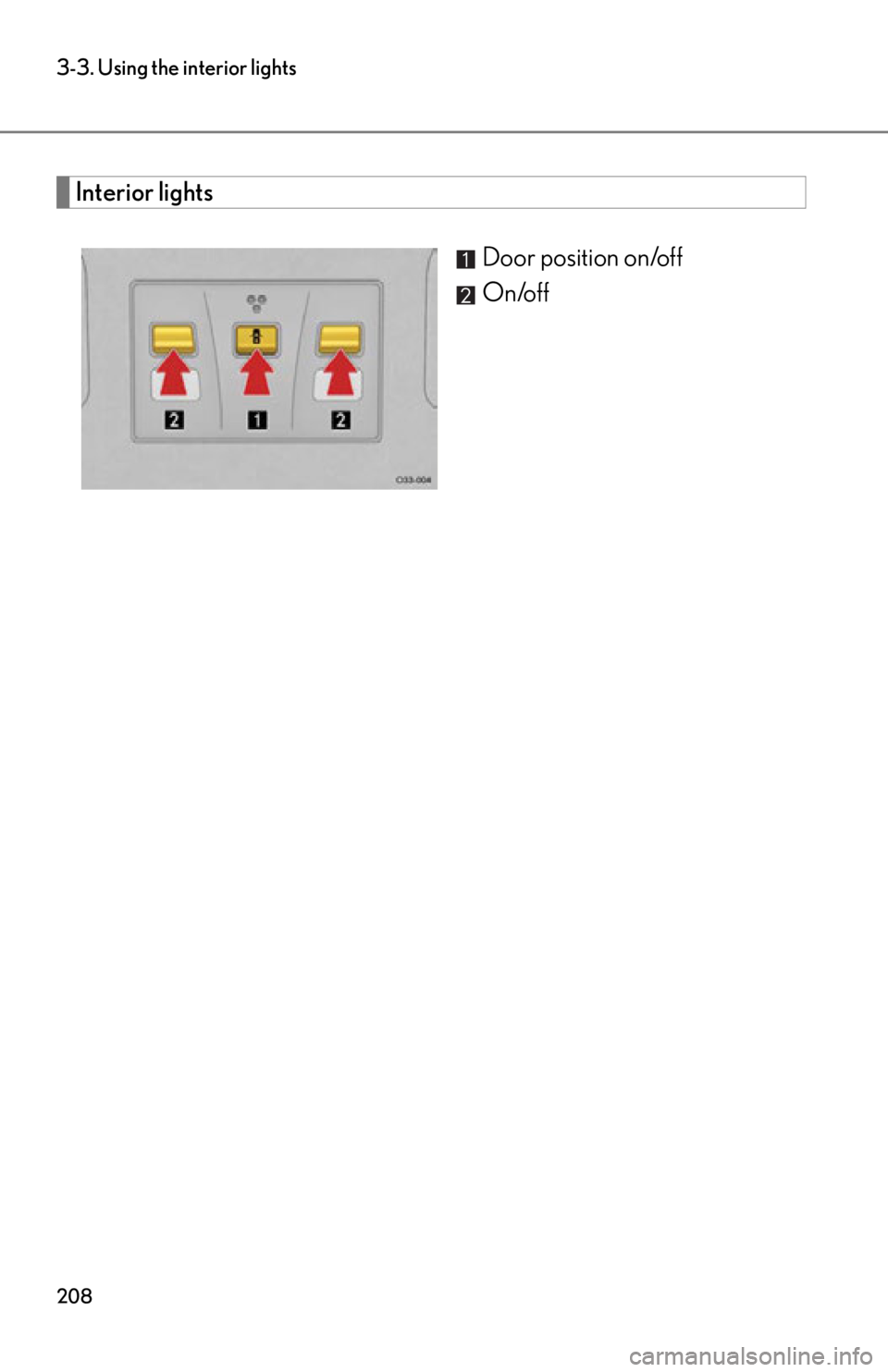 lexus LFA 2012  Technical Information / LEXUS 2012 LFA OWNERS MANUAL (OM77006U) 208
3-3. Using the interior lights
Interior lightsDoor position on/off
On/off 