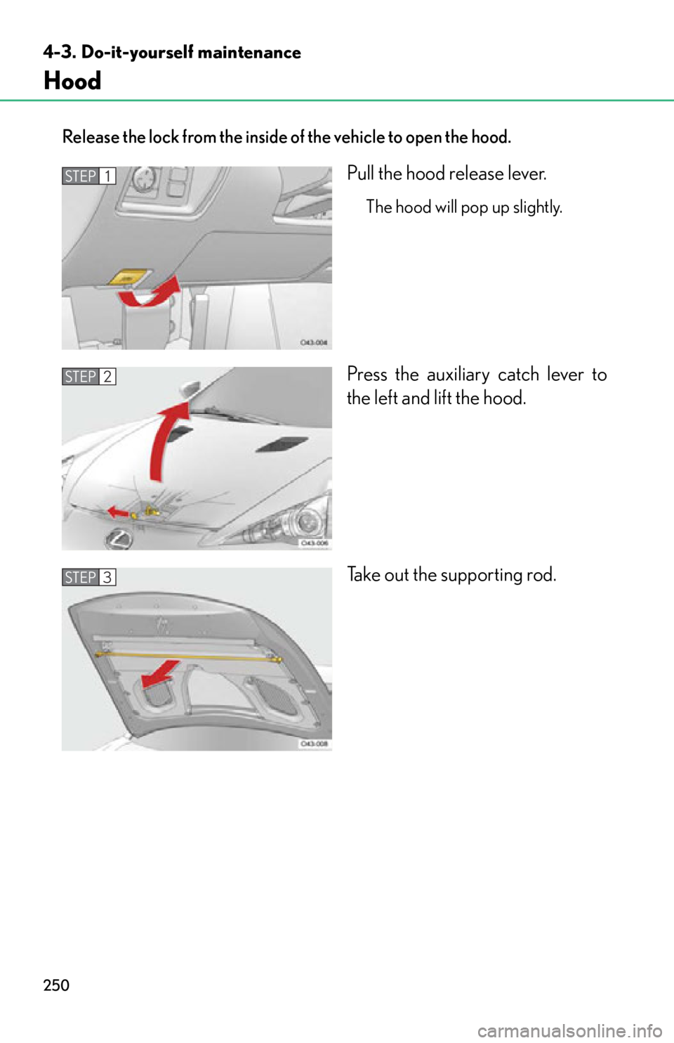 lexus LFA 2012  Technical Information / LEXUS 2012 LFA OWNERS MANUAL (OM77006U) 250
4-3. Do-it-yourself maintenance
Hood
Release the lock from the inside of the vehicle to open the hood.
Pull the hood release lever.
The hood will pop up slightly.
Press the auxiliary catch lever t