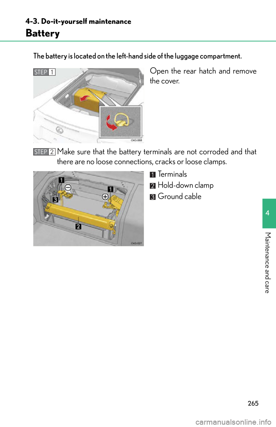lexus LFA 2012  Technical Information / LEXUS 2012 LFA OWNERS MANUAL (OM77006U) 265
4-3. Do-it-yourself maintenance
4
Maintenance and care
Battery
The battery is located on the left-hand side of the luggage compartment.
Open the rear hatch and remove
the cover.
Make sure that the