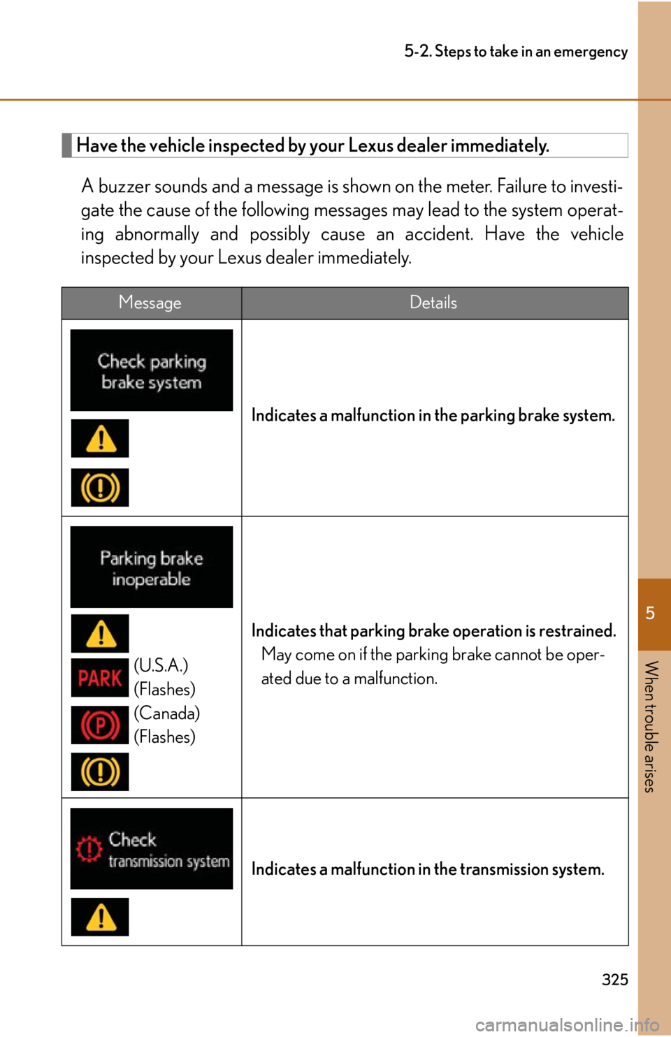 lexus LFA 2012  Technical Information / LEXUS 2012 LFA OWNERS MANUAL (OM77006U) 5
When trouble arises
325
5-2. Steps to take in an emergency
Have the vehicle inspected by your Lexus dealer immediately.A buzzer sounds and a message is show n on the meter. Failure to investi-
gate 