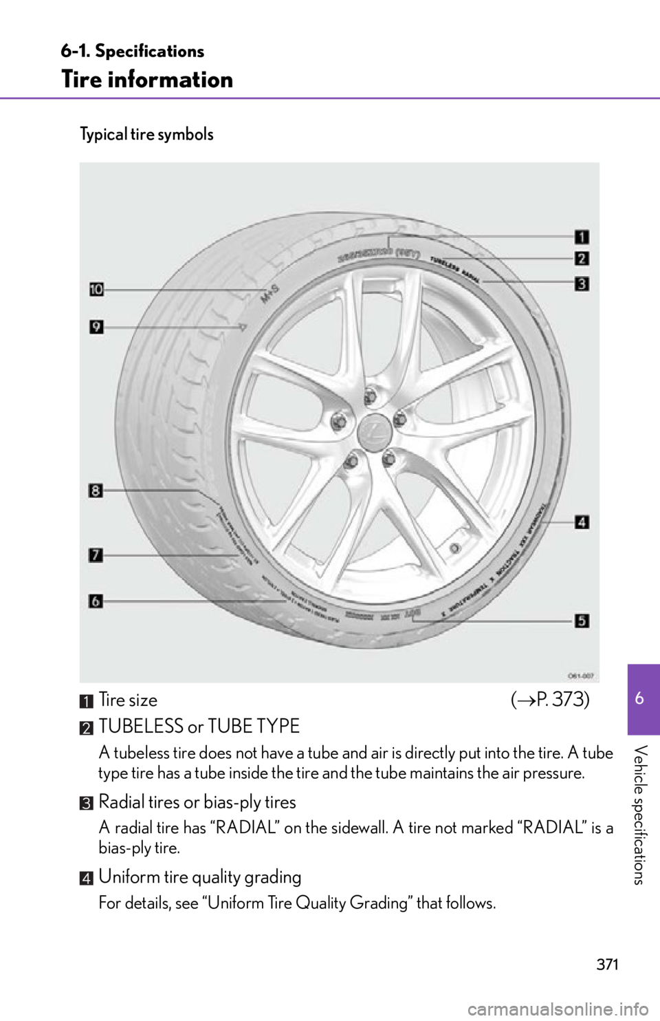 lexus LFA 2012  Technical Information / LEXUS 2012 LFA OWNERS MANUAL (OM77006U) 371
6-1. Specifications
6
Vehicle specifications
Tire information
Ty p i c a l  t i r e  s y m b o l s
Ti r e  s i z e( P.  3 7 3 )
TUBELESS or TUBE TYPE
A tubeless tire does not have a tube and  a