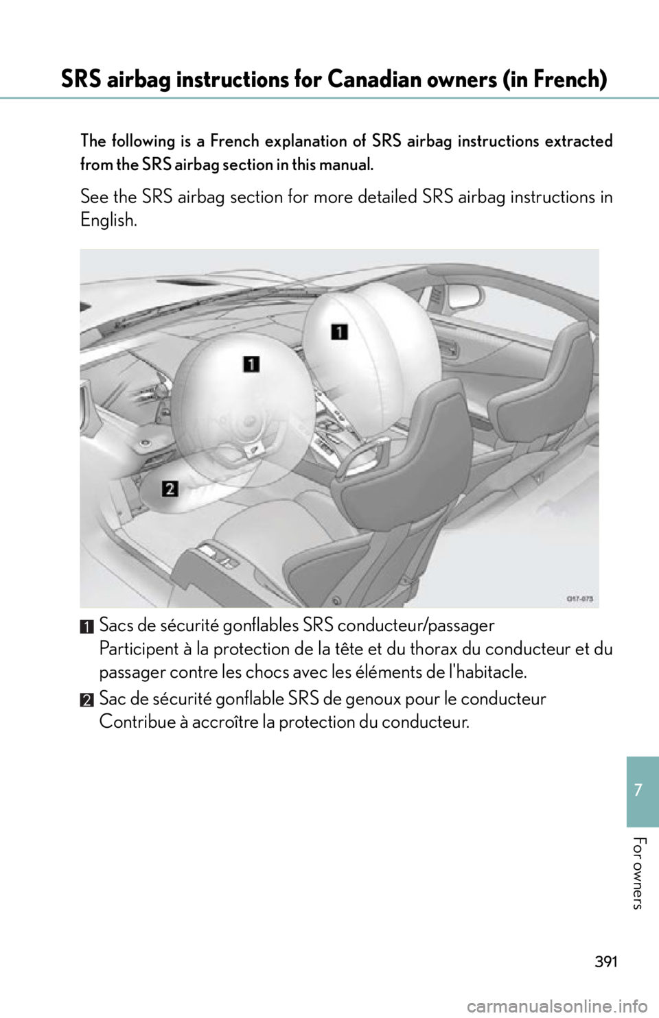 lexus LFA 2012  Technical Information / LEXUS 2012 LFA OWNERS MANUAL (OM77006U) 391
7
For owners
SRS airbag instructions for Canadian owners (in French)
The following is a French explanation of SRS airbag instructions extracted
from the SRS airbag section in this manual.
See the 