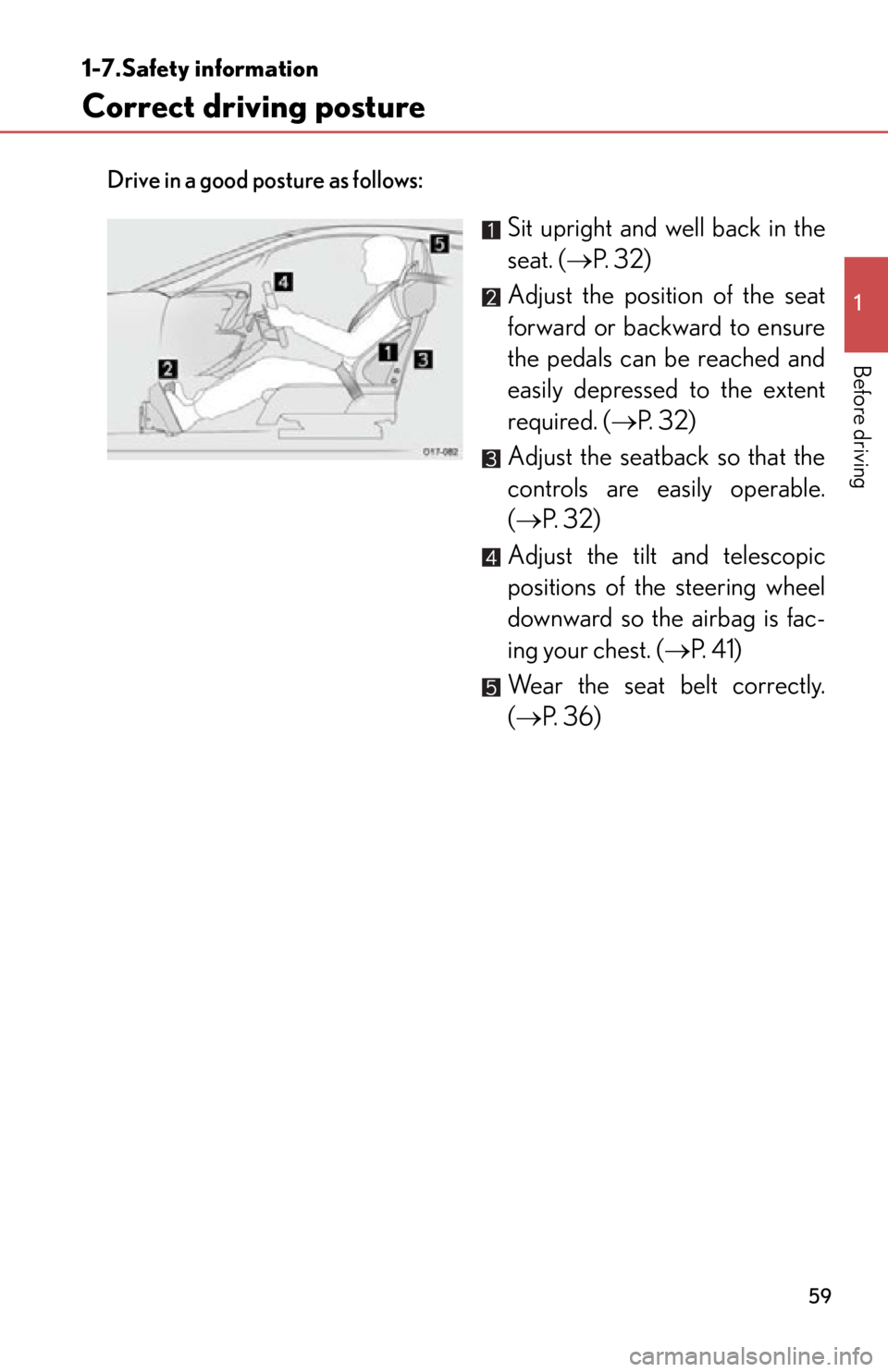 lexus LFA 2012  Technical Information / LEXUS 2012 LFA OWNERS MANUAL (OM77006U) 59
1
Before driving
1-7.Safety information
Correct driving posture
Drive in a good posture as follows:
Sit upright and well back in the
seat. (P. 32)
Adjust the position of the seat
forward or back
