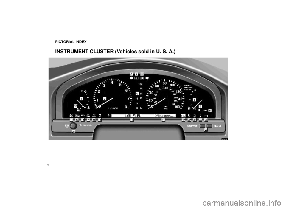 lexus LS400 1999  Comfort Adjustment / LEXUS 1999 LS400 OWNERS MANUAL (OM50514U) PICTORIAL INDEX
x
INSTRUMENT CLUSTER (Vehicles sold in U. S. A.)
00L046±1 