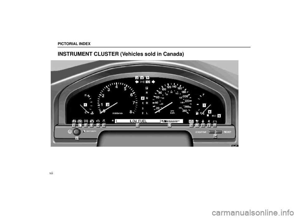 lexus LS400 1999  Comfort Adjustment / LEXUS 1999 LS400 OWNERS MANUAL (OM50514U) PICTORIAL INDEX
xii
INSTRUMENT CLUSTER (Vehicles sold in Canada)
00L047±1 