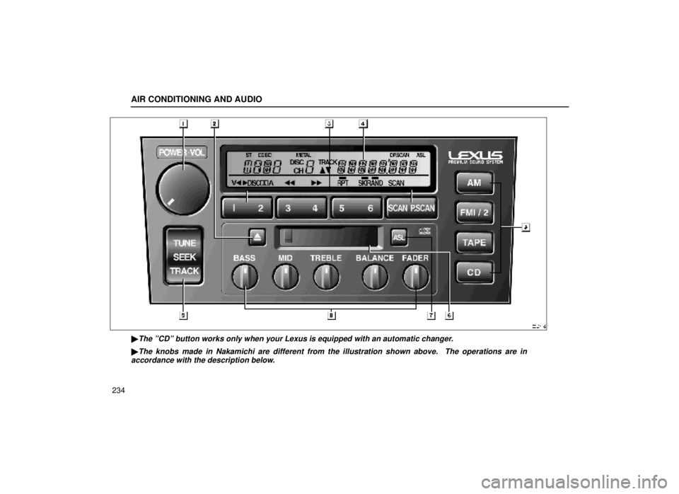 lexus LS400 1999  Comfort Adjustment / LEXUS 1999 LS400 OWNERS MANUAL (OM50514U) AIR CONDITIONING AND AUDIO
234
20L041-2
The ºCDº button works only when your Lexus is equipped with an aut\
omatic changer.
The knobs made in Nakamichi are different from the illustration shown ab