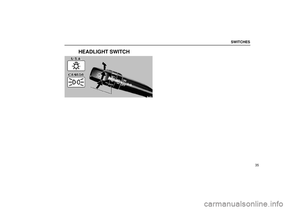 lexus LS400 1999  Comfort Adjustment / LEXUS 1999 LS400 OWNERS MANUAL (OM50514U) SWITCHES
35
HEADLIGHT SWITCH
12L001 