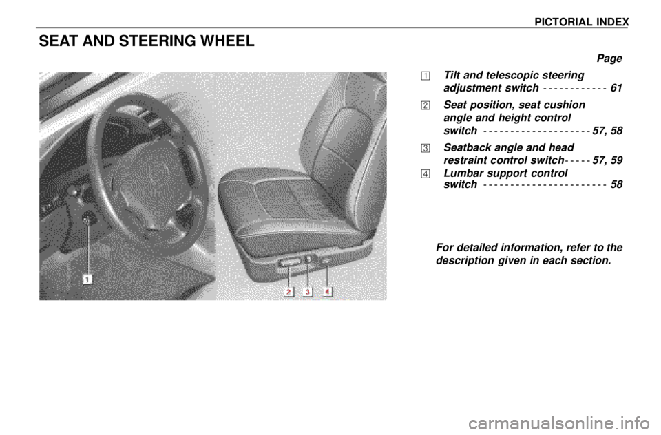 lexus LS400 1996  Audio System / 1996 LS400: PICTORIAL INDEX PICTORIAL INDEX
SEAT AND STEERING WHEEL
Page
Tilt and telescopic steering
adjustment switch 61
	Seat position, seat cushion
angle and height control
switch 57, 58
Seatback angle and head
restraint c