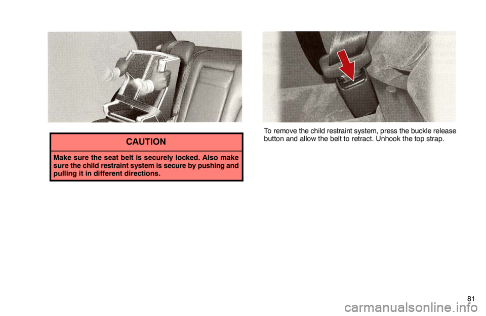 lexus LS400 1995  Interior Equipment / 1995 LS400: COMFORT ADJUSTMENT 81
CAUTION
Make sure the seat belt is securely locked. Also make
sure the child restraint system is secure by pushing and
pulling it in different directions.
To remove the child restraint system, pres