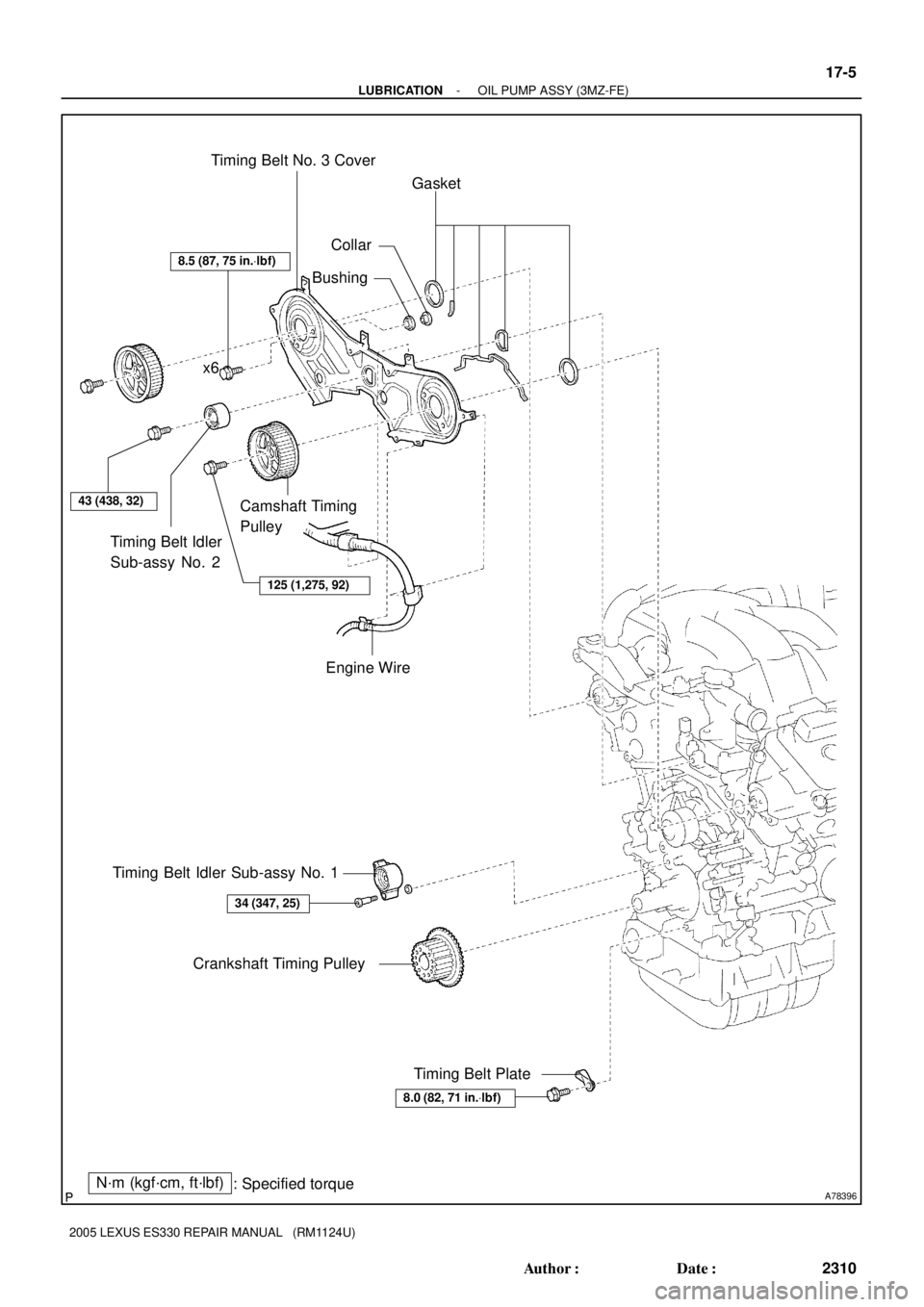 LEXUS ES300 2005  Repair Manual A78396
8.5 (87, 75 in.Vlbf)
125 (1,275, 92)
43 (438, 32)
Timing Belt Idler 
Sub-assy No. 2Camshaft Timing 
Pulley x6Timing Belt No. 3 Cover
CollarGasket
Bushing
Engine Wire
34 (347, 25)
Timing Belt Id