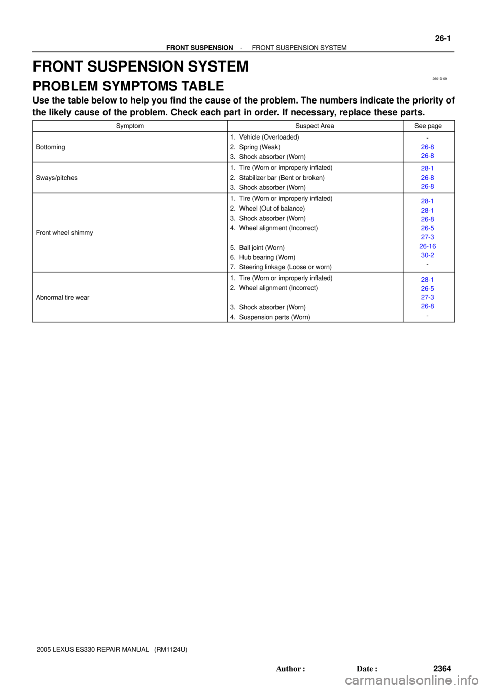 LEXUS ES300 2005 Repair Manual 2601D-09
- FRONT SUSPENSIONFRONT SUSPENSION SYSTEM
26-1
2364 Author: Date:
2005 LEXUS ES330 REPAIR MANUAL (RM1124U)
FRONT SUSPENSION SYSTEM
PROBLEM SYMPTOMS TABLE
Use the table below to help you f LEXUS ES300 2005 Repair Manual 2601D-09
- FRONT SUSPENSIONFRONT SUSPENSION SYSTEM
26-1
2364 Author: Date:
2005 LEXUS ES330 REPAIR MANUAL (RM1124U)
FRONT SUSPENSION SYSTEM
PROBLEM SYMPTOMS TABLE
Use the table below to help you f