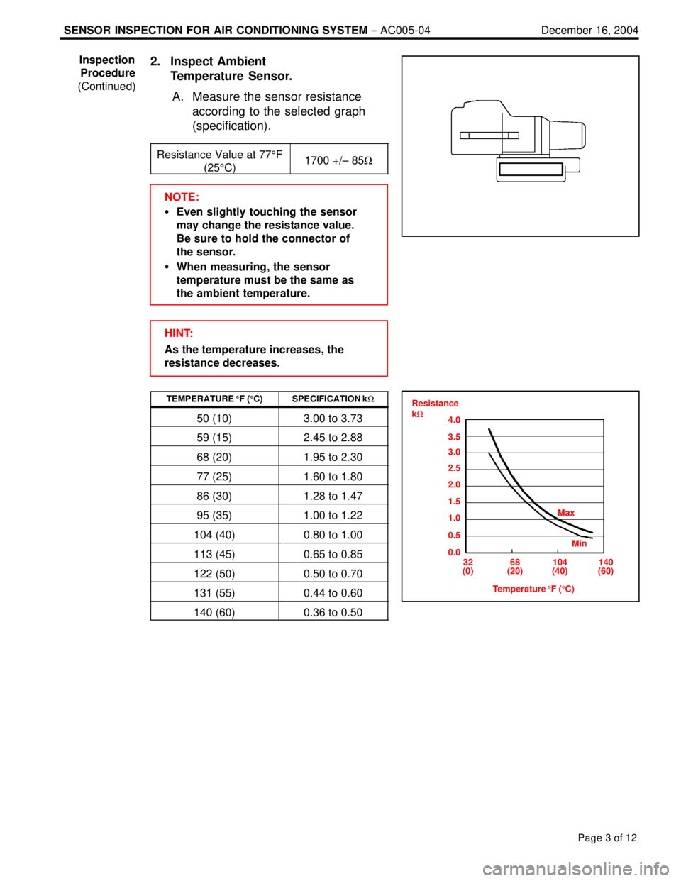 LEXUS ES300 2005  Repair Manual SENSOR INSPECTION FOR AIR CONDITIONING SYSTEM ± AC005-04 December 16, 2004
Page 3 of 12
2. Inspect Ambient 
Temperature Sensor.
A. Measure the sensor resistance
according to the selected graph
(speci