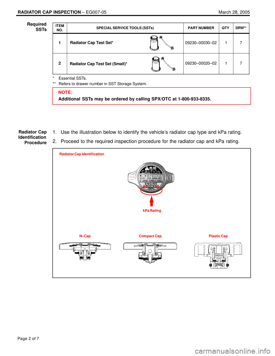 LEXUS ES300 2005  Repair Manual RADIATOR CAP INSPECTION ± EG007-05 March 28, 2005
Page 2 of 7
ITEM
NO.SPECIAL SERVICE TOOLS (SSTs)PART NUMBERQTYDRW**
1Radiator Cap Test Set*09230±00030±0217
2Radiator Cap Test Set (Small)*09230±0