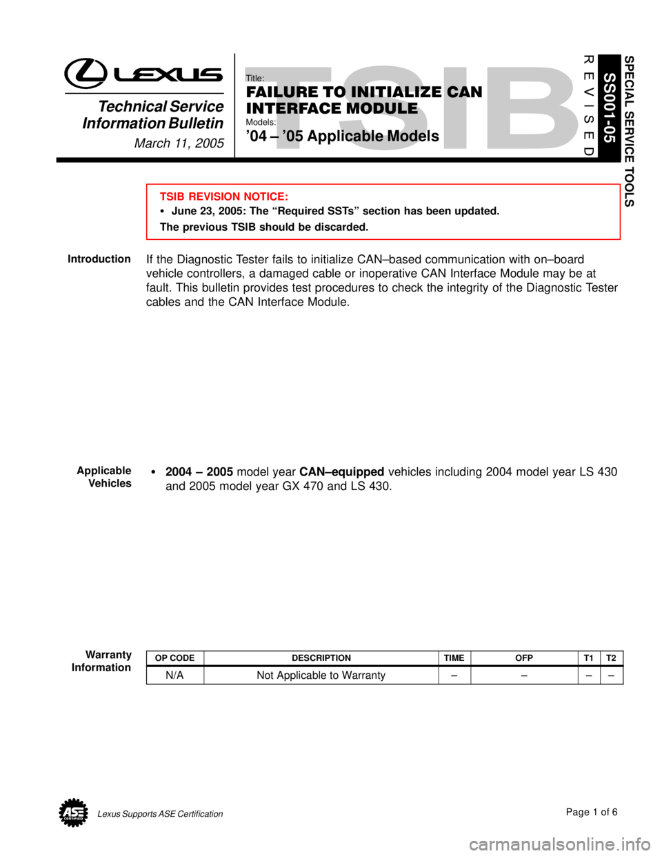 LEXUS ES300 2005  Repair Manual Lexus Supports ASE CertificationPage 1 of 6
Title:
FAILURE TO INITIALIZE CAN
INTERFACE MODULE
Models:
04 ± 05 Applicable Models
Technical Service
Information Bulletin
March 11, 2005
SS001-05
TSIB R