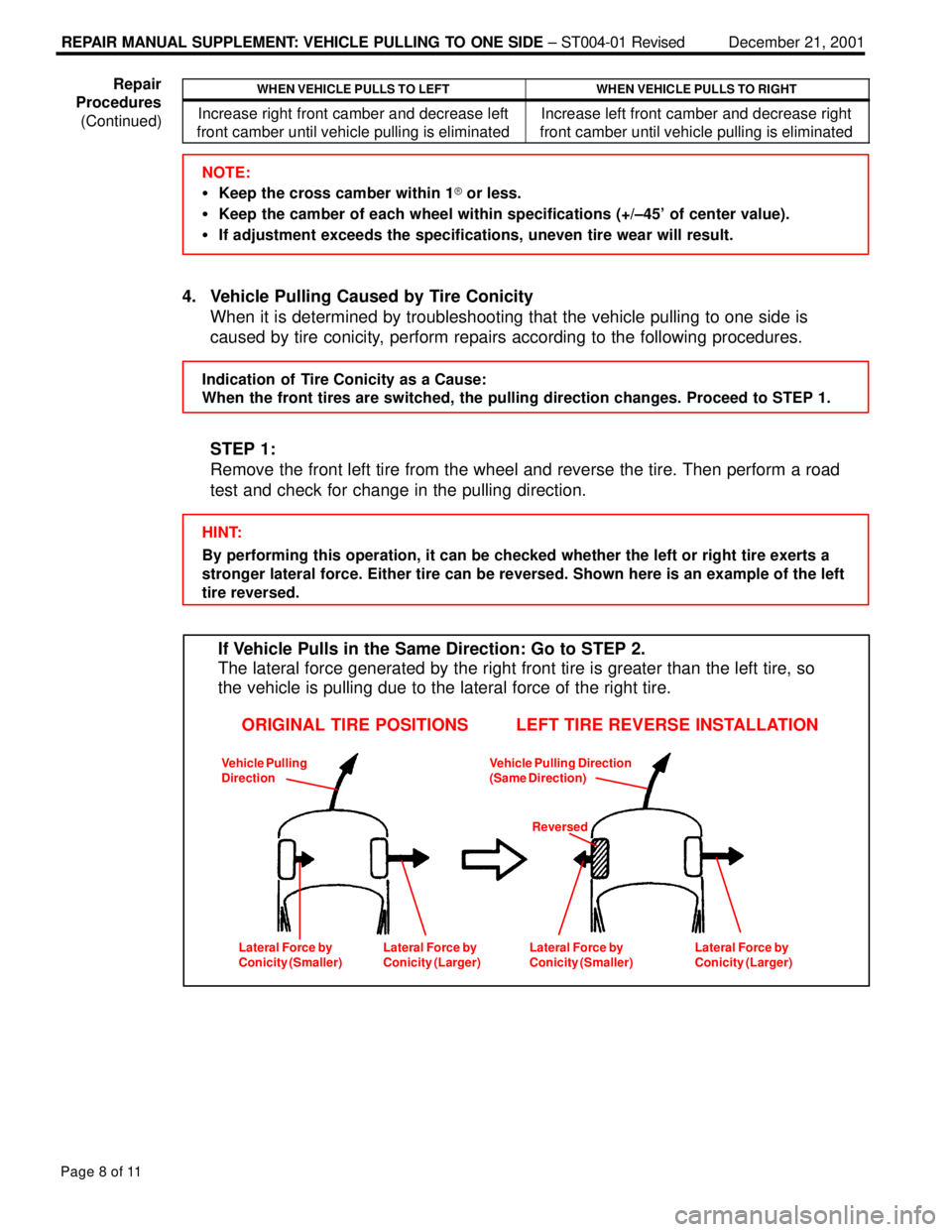 LEXUS ES300 2005  Repair Manual REPAIR MANUAL SUPPLEMENT: VEHICLE PULLING TO ONE SIDE ± ST004-01 RevisedDecember 21, 2001
Page 8 of 11
WHEN VEHICLE PULLS TO LEFTWHEN VEHICLE PULLS TO RIGHT
Increase right front camber and decrease l