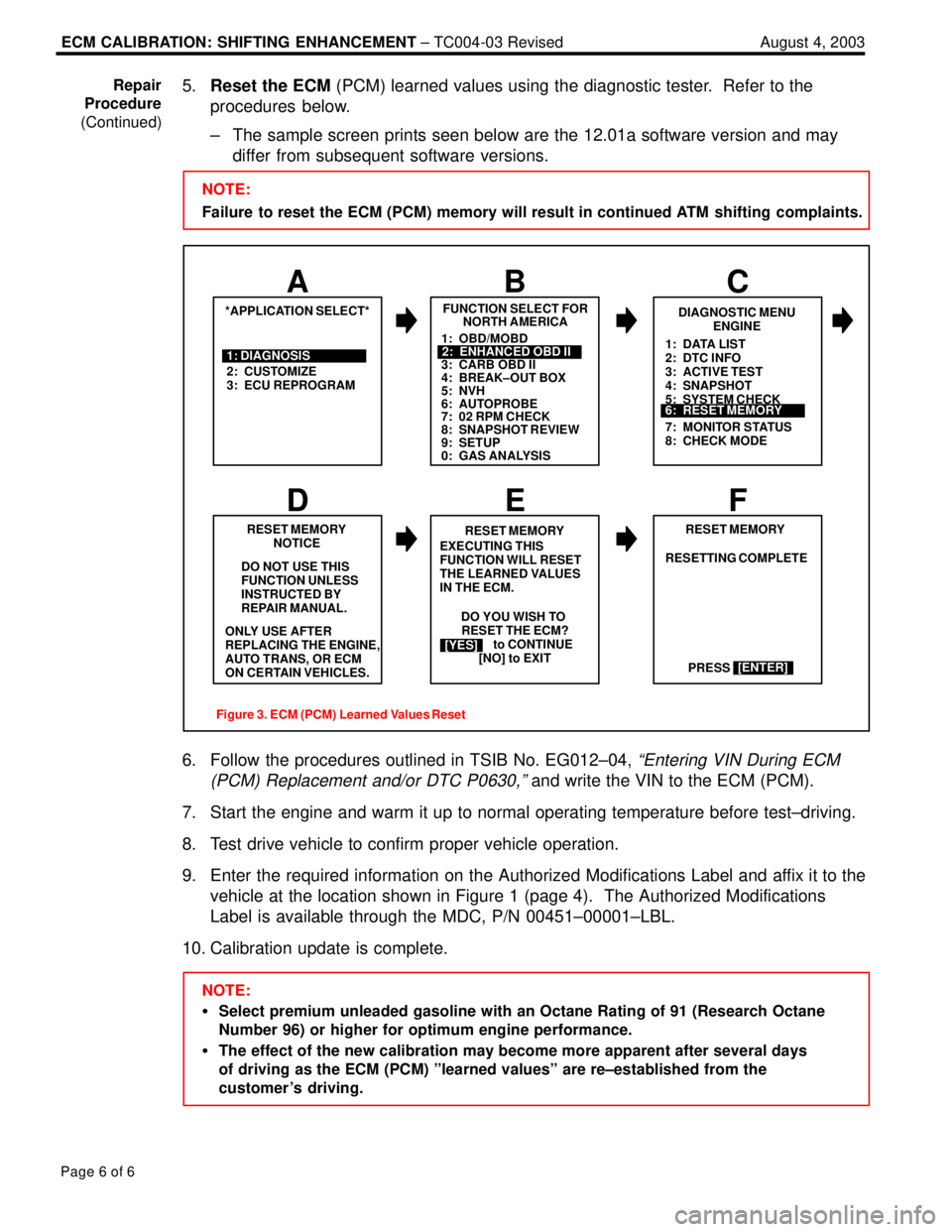 LEXUS ES300 2005 Repair Manual ECM CALIBRATION: SHIFTING ENHANCEMENT ± TC004-03 Revised August 4, 2003
Page 6 of 6
5.Reset the ECM (PCM) learned values using the diagnostic tester. Refer to the
procedures below.
± The sample scr LEXUS ES300 2005 Repair Manual ECM CALIBRATION: SHIFTING ENHANCEMENT ± TC004-03 Revised August 4, 2003
Page 6 of 6
5.Reset the ECM (PCM) learned values using the diagnostic tester. Refer to the
procedures below.
± The sample scr