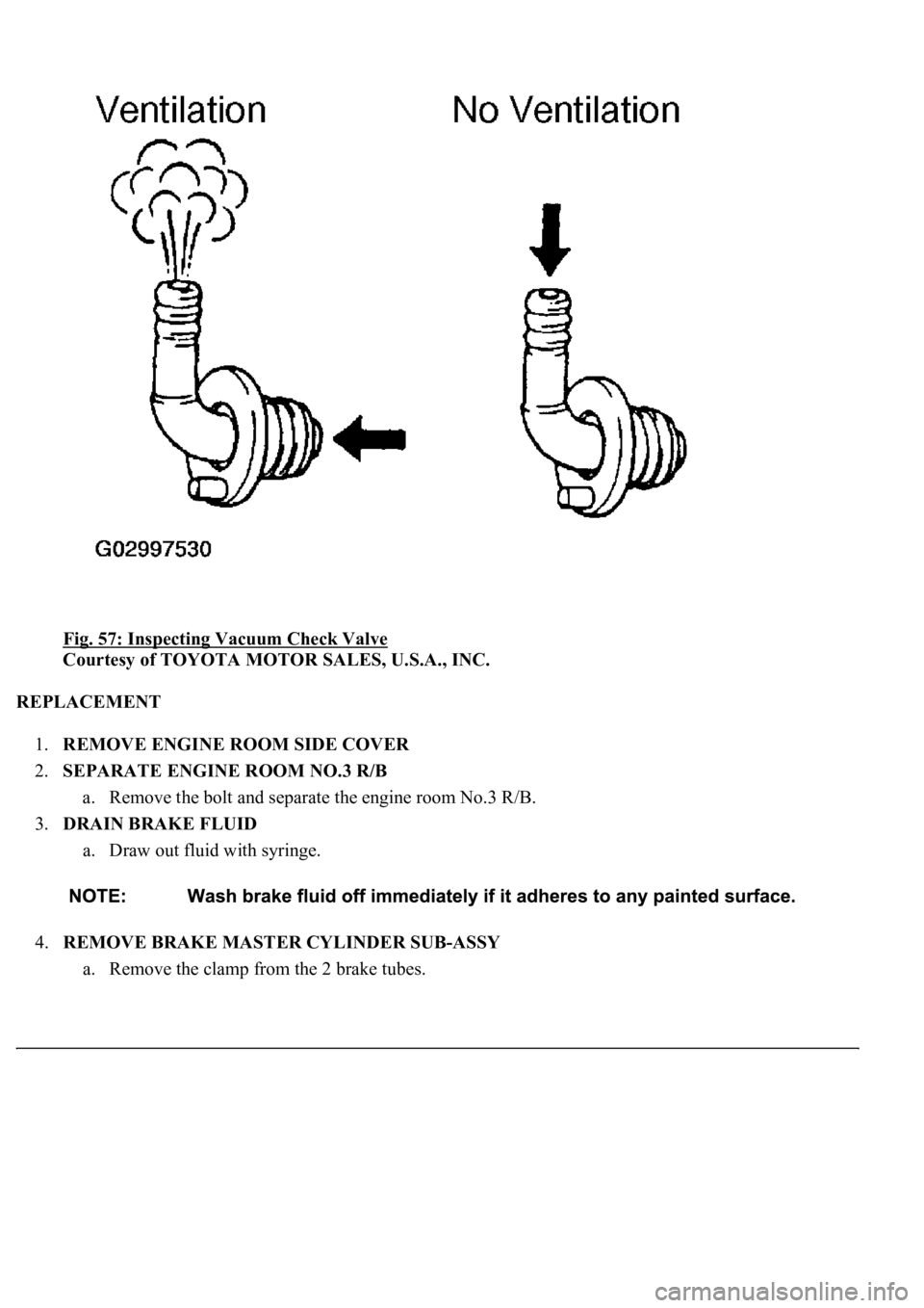 LEXUS LS430 2003  Factory Repair Manual Fig. 57: Inspecting Vacuum Check Valve 
Courtesy of TOYOTA MOTOR SALES, U.S.A., INC. 
REPLACEMENT 
1.REMOVE ENGINE ROOM SIDE COVER  
2.SEPARATE ENGINE ROOM NO.3 R/B 
a. Remove the bolt and separate th