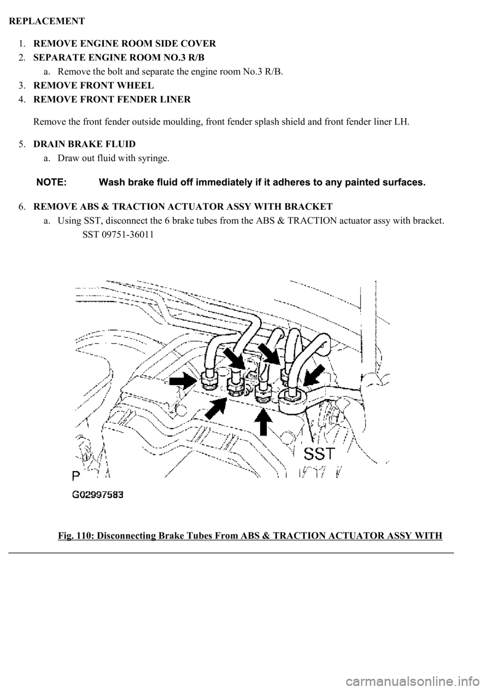 LEXUS LS430 2003  Factory Repair Manual REPLACEMENT 
1.REMOVE ENGINE ROOM SIDE COVER  
2.SEPARATE ENGINE ROOM NO.3 R/B 
a. Remove the bolt and separate the engine room No.3 R/B.  
3.REMOVE FRONT WHEEL  
4.REMOVE FRONT FENDER LINER 
Remove t