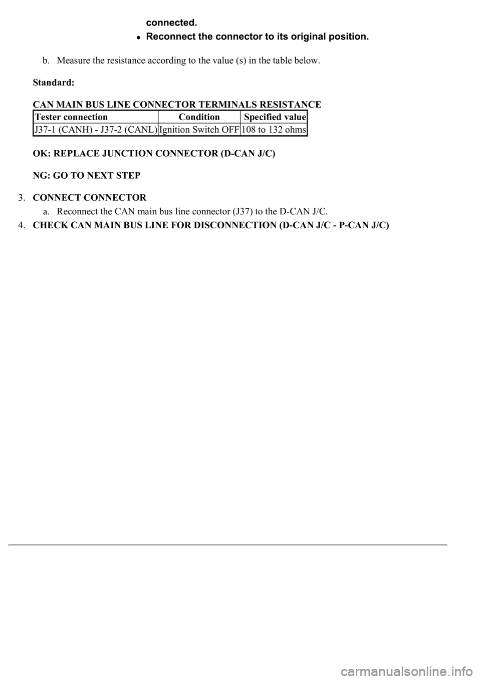 LEXUS LS430 2003  Factory Repair Manual b. Measure the resistance according to the value (s) in the table below.  
Standard:  
CAN MAIN BUS LINE CONNECTOR TERMINALS RESISTANCE 
OK: REPLACE JUNCTION CONNECTOR (D-CAN J/C)  
NG: GO TO NEXT STE