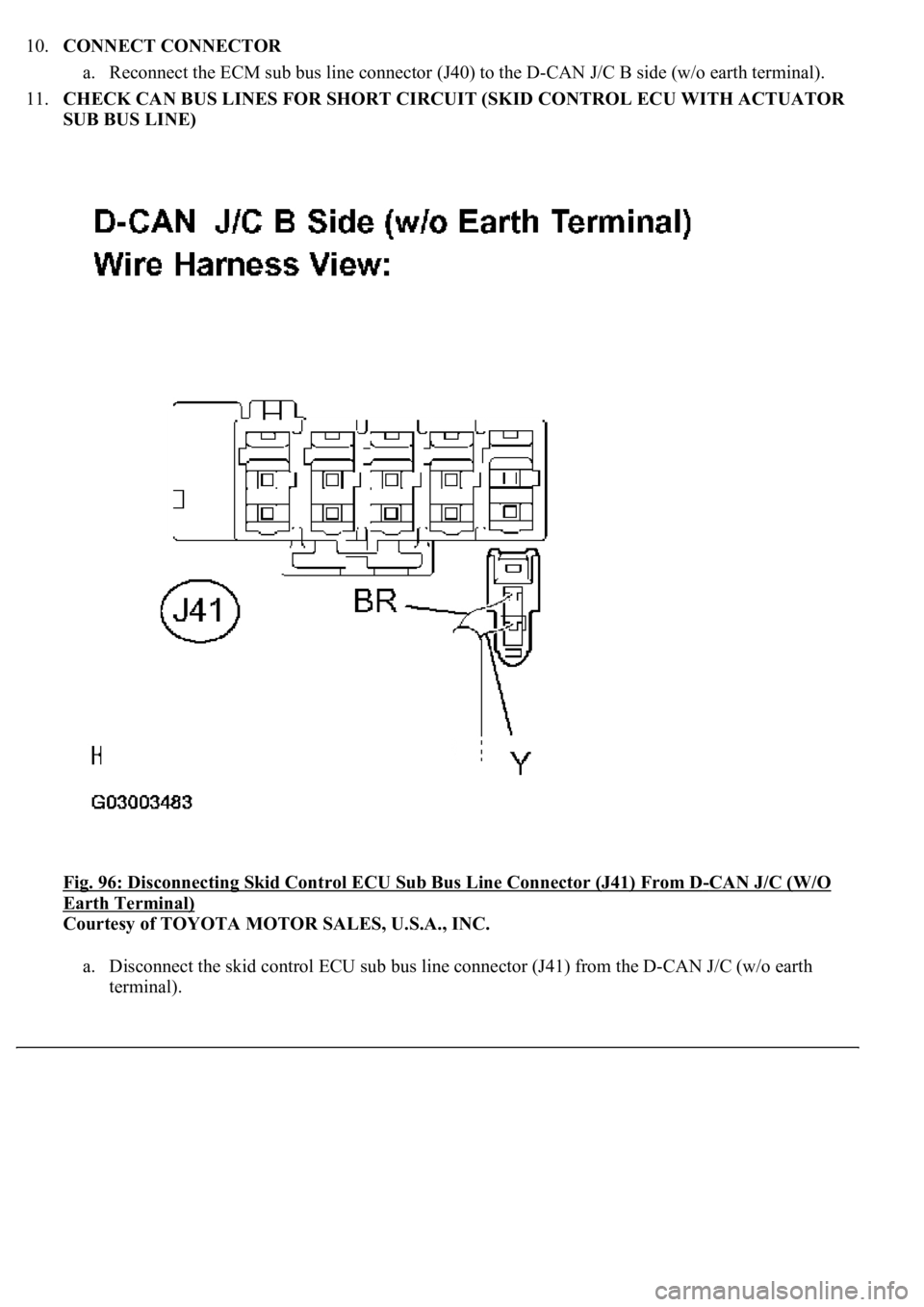 LEXUS LS430 2003  Factory Repair Manual 10.CONNECT CONNECTOR 
a. Reconnect the ECM sub bus line connector (J40) to the D-CAN J/C B side (w/o earth terminal).  
11.CHECK CAN BUS LINES FOR SHORT CIRCUIT (SKID CONTROL ECU WITH ACTUATOR 
SUB BU
