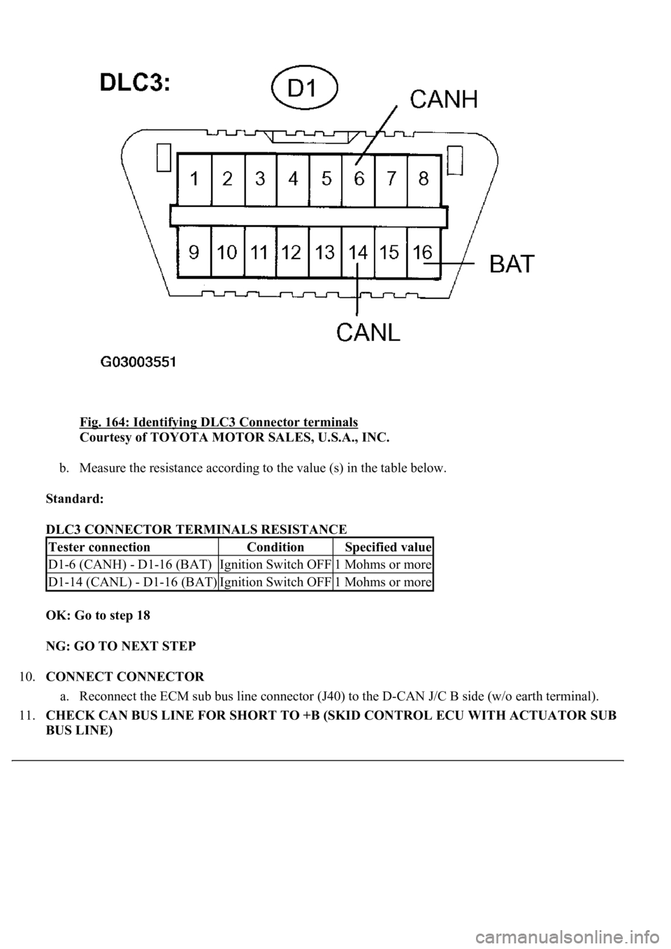 LEXUS LS430 2003  Factory Repair Manual Fig. 164: Identifying DLC3 Connector terminals 
Courtesy of TOYOTA MOTOR SALES, U.S.A., INC. 
b. Measure the resistance according to the value (s) in the table below.  
Standard:  
DLC3 CONNECTOR TERM