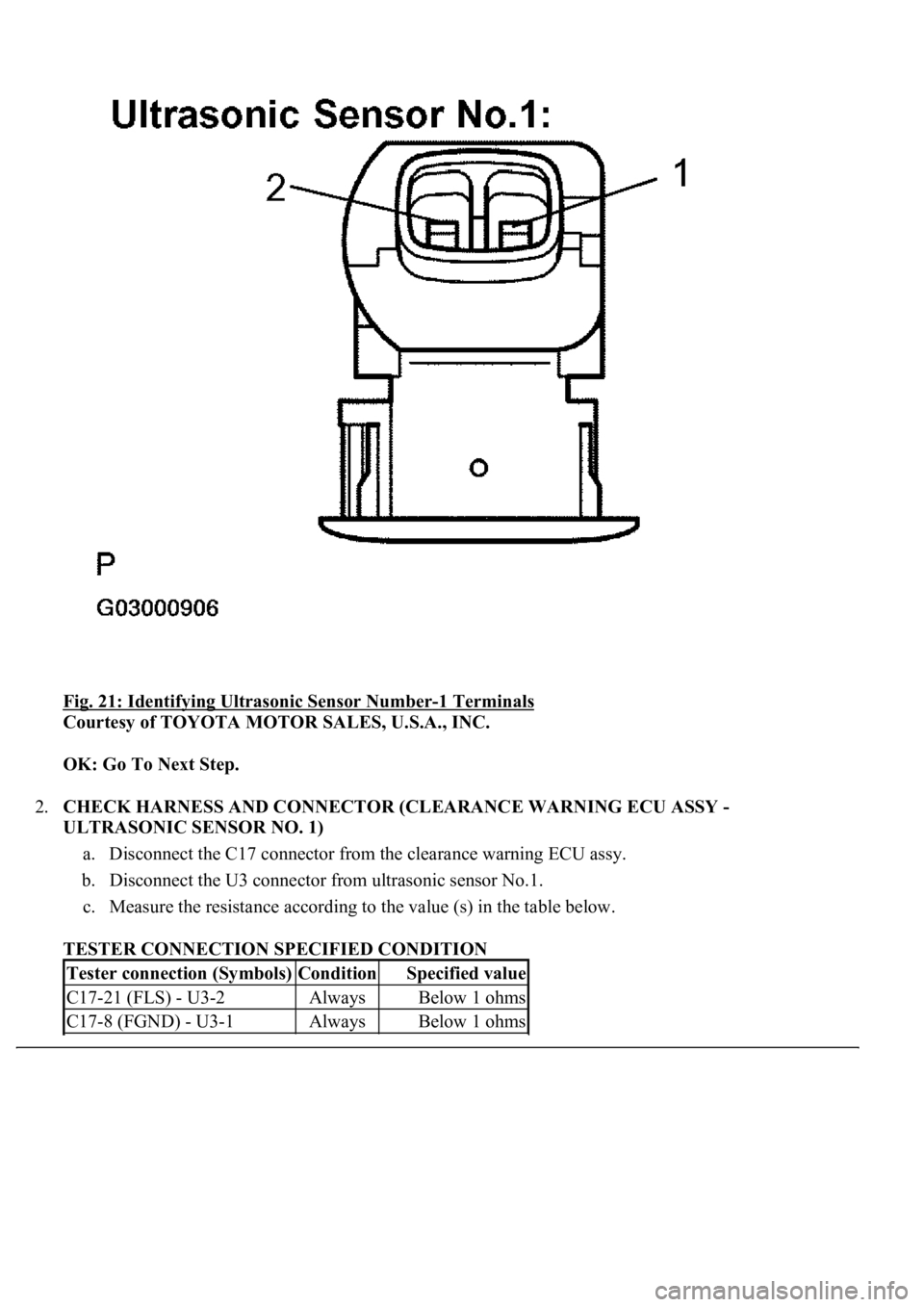 LEXUS LS430 2003  Factory Repair Manual Fig. 21: Identifying Ultrasonic Sensor Number-1 Terminals 
Courtesy of TOYOTA MOTOR SALES, U.S.A., INC. 
OK: Go To Next Step.  
2.CHECK HARNESS AND CONNECTOR (CLEARANCE WARNING ECU ASSY - 
ULTRASONIC 