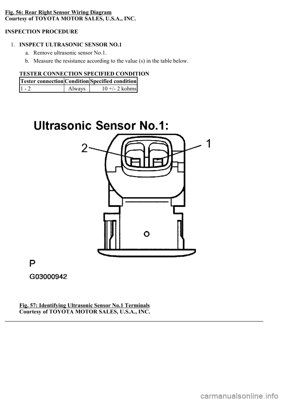 LEXUS LS430 2003  Factory Repair Manual Fig. 56: Rear Right Sensor Wiring Diagram
Courtesy of TOYOTA MOTOR SALES, U.S.A., INC. 
INSPECTION PROCEDURE 
1.INSPECT ULTRASONIC SENSOR NO.1 
a. Remove ultrasonic sensor No.1.  
b. Measure the resis