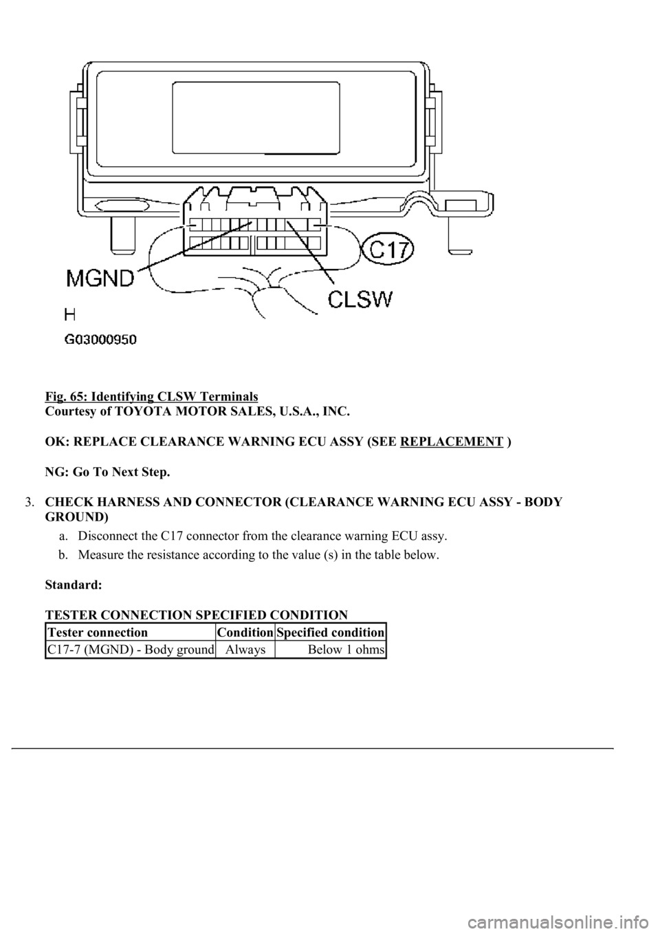 LEXUS LS430 2003  Factory Repair Manual Fig. 65: Identifying CLSW Terminals 
Courtesy of TOYOTA MOTOR SALES, U.S.A., INC. 
OK: REPLACE CLEARANCE WARNING ECU ASSY (SEE REPLACEMENT
 )  
NG: Go To Next Step.  
3.CHECK HARNESS AND CONNECTOR (CL