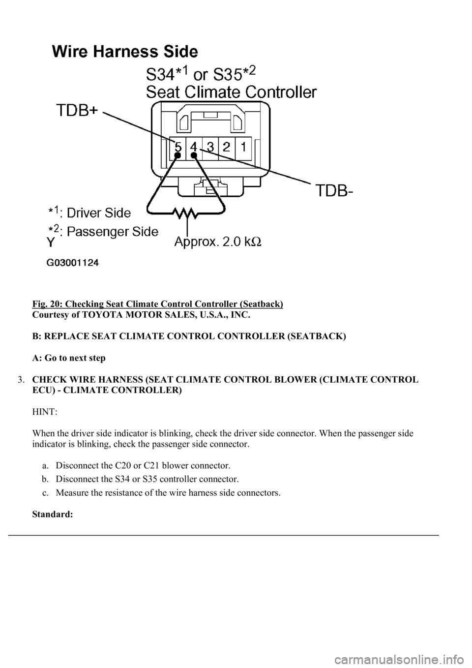 LEXUS LS430 2003  Factory Repair Manual Fig. 20: Checking Seat Climate Control Controller (Seatback) 
Courtesy of TOYOTA MOTOR SALES, U.S.A., INC. 
B: REPLACE SEAT CLIMATE CONTROL CONTROLLER (SEATBACK)  
A: Go to next step  
3.CHECK WIRE HA