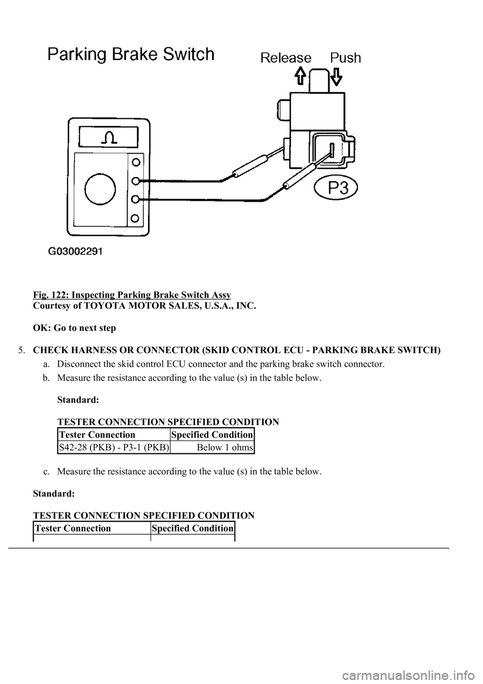 LEXUS LS430 2003  Factory Repair Manual Fig. 122: Inspecting Parking Brake Switch Assy 
Courtesy of TOYOTA MOTOR SALES, U.S.A., INC. 
OK: Go to next step  
5.CHECK HARNESS OR CONNECTOR (SKID CONTROL ECU - PARKING BRAKE SWITCH) 
a. Disconnec