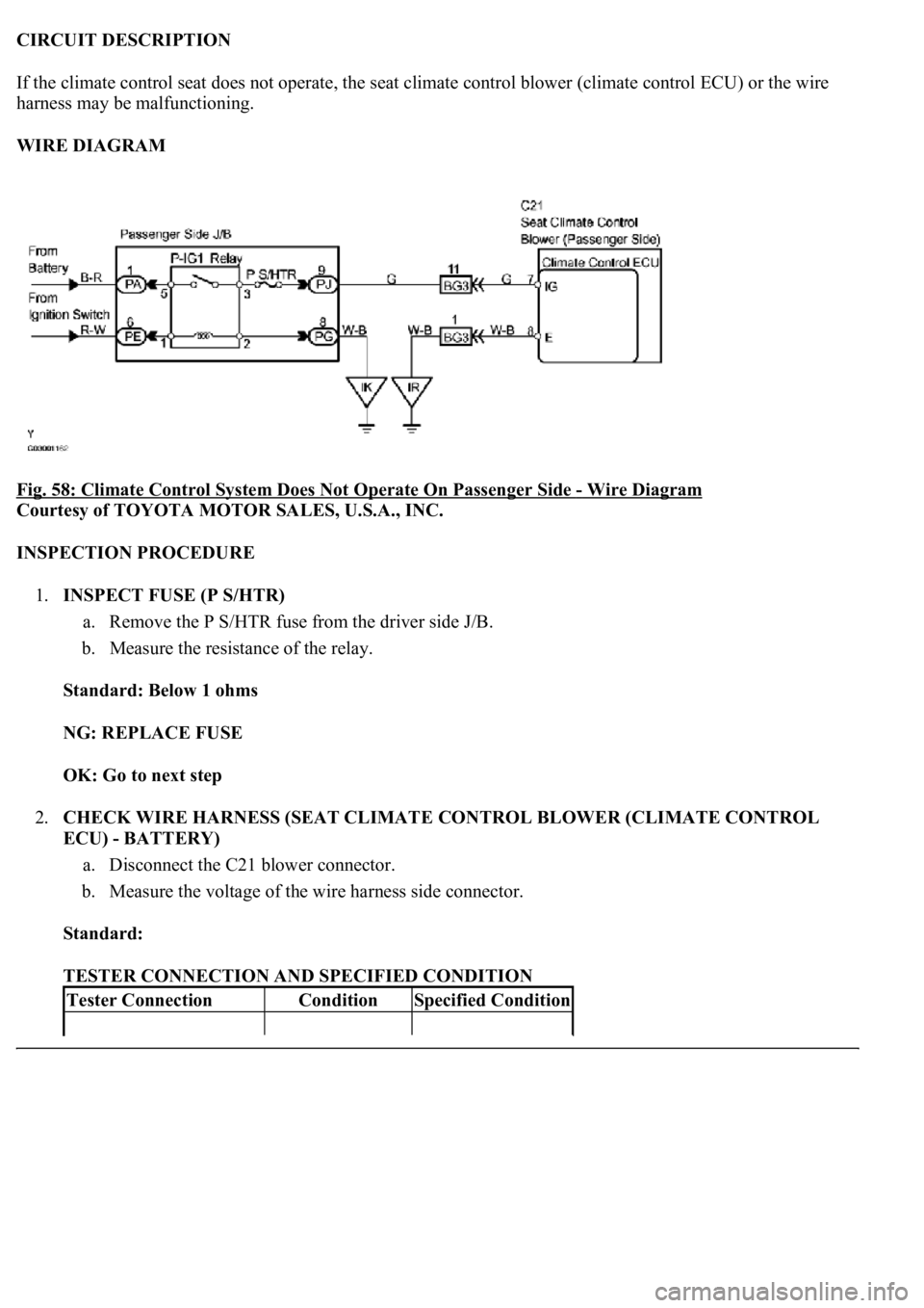 LEXUS LS430 2003  Factory Repair Manual CIRCUIT DESCRIPTION 
If the climate control seat does not operate, the seat climate control blower (climate control ECU) or the wire 
harness may be malfunctioning. 
WIRE DIAGRAM 
Fig. 58: Climate Con