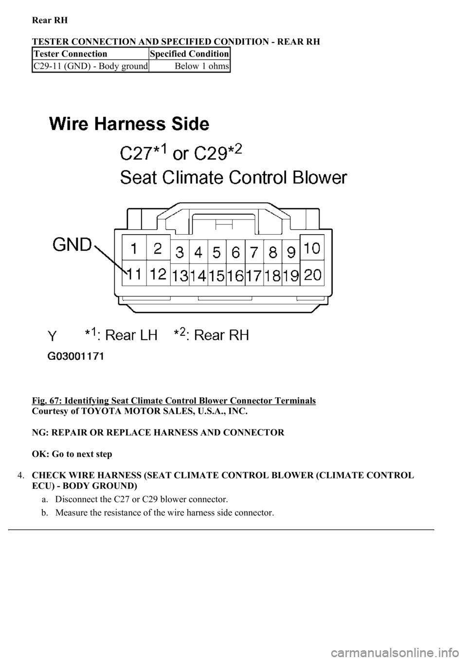 LEXUS LS430 2003  Factory Repair Manual Rear RH  
TESTER CONNECTION AND SPECIFIED CONDITION - REAR RH 
Fig. 67: Identifying Seat Climate Control Blower Connector Terminals
 
Courtesy of TOYOTA MOTOR SALES, U.S.A., INC. 
NG: REPAIR OR REPLAC