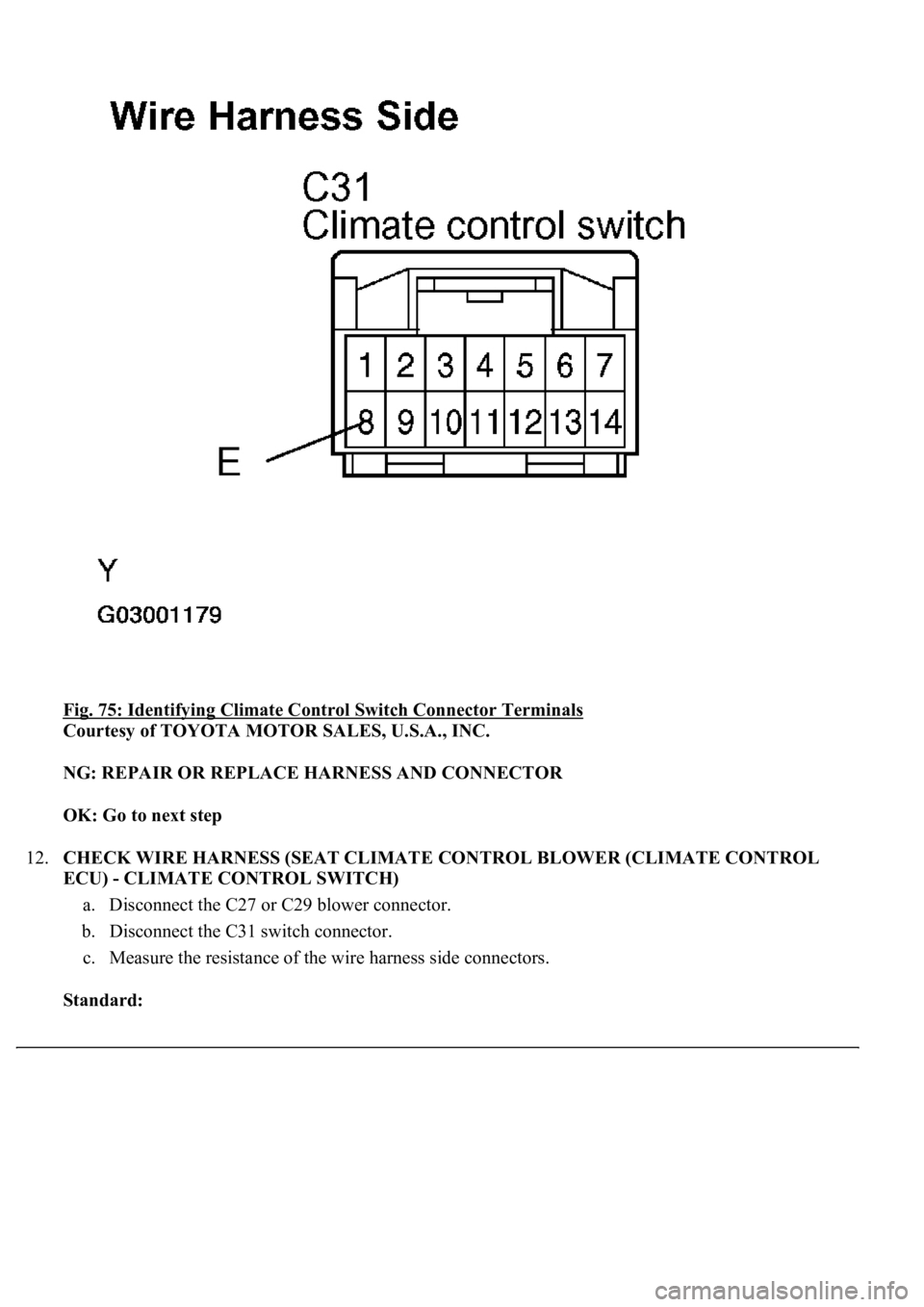 LEXUS LS430 2003  Factory Repair Manual Fig. 75: Identifying Climate Control Switch Connector Terminals 
Courtesy of TOYOTA MOTOR SALES, U.S.A., INC. 
NG: REPAIR OR REPLACE HARNESS AND CONNECTOR  
OK: Go to next step  
12.CHECK WIRE HARNESS