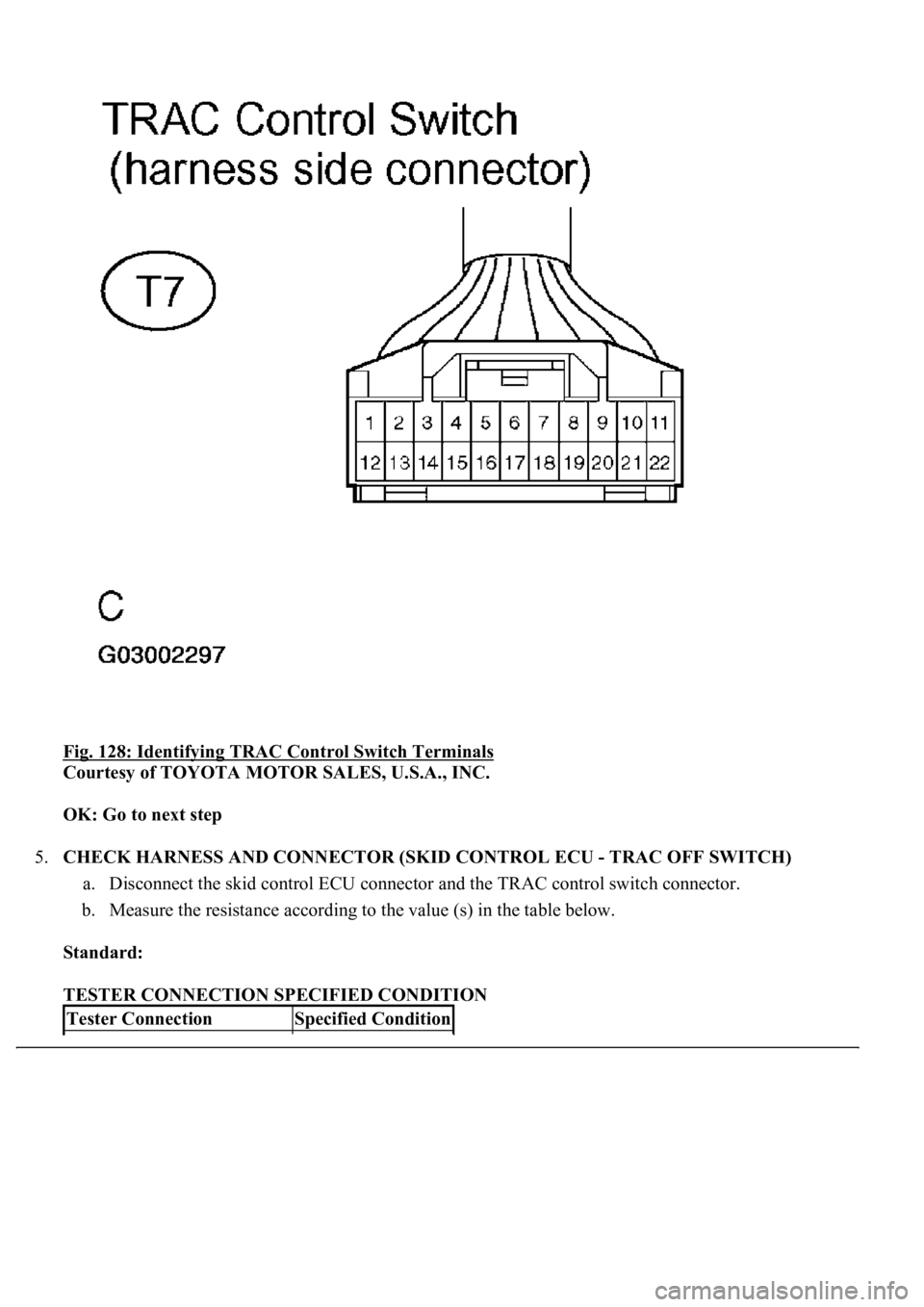 LEXUS LS430 2003  Factory Repair Manual Fig. 128: Identifying TRAC Control Switch Terminals 
Courtesy of TOYOTA MOTOR SALES, U.S.A., INC. 
OK: Go to next step  
5.CHECK HARNESS AND CONNECTOR (SKID CONTROL ECU - TRAC OFF SWITCH) 
a. Disconne