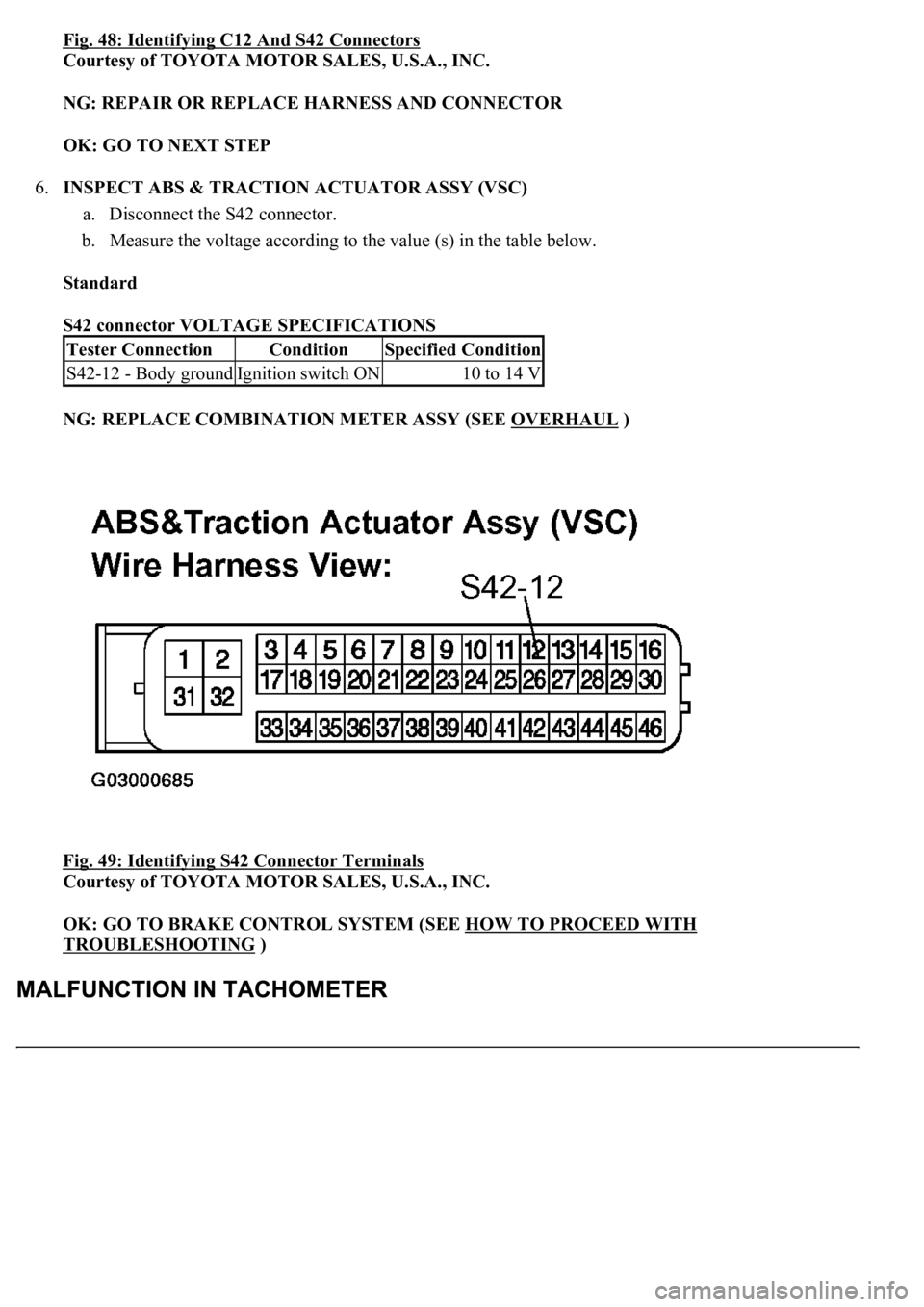 LEXUS LS430 2003  Factory Repair Manual Fig. 48: Identifying C12 And S42 Connectors
Courtesy of TOYOTA MOTOR SALES, U.S.A., INC. 
NG: REPAIR OR REPLACE HARNESS AND CONNECTOR  
OK: GO TO NEXT STEP  
6.INSPECT ABS & TRACTION ACTUATOR ASSY (VS